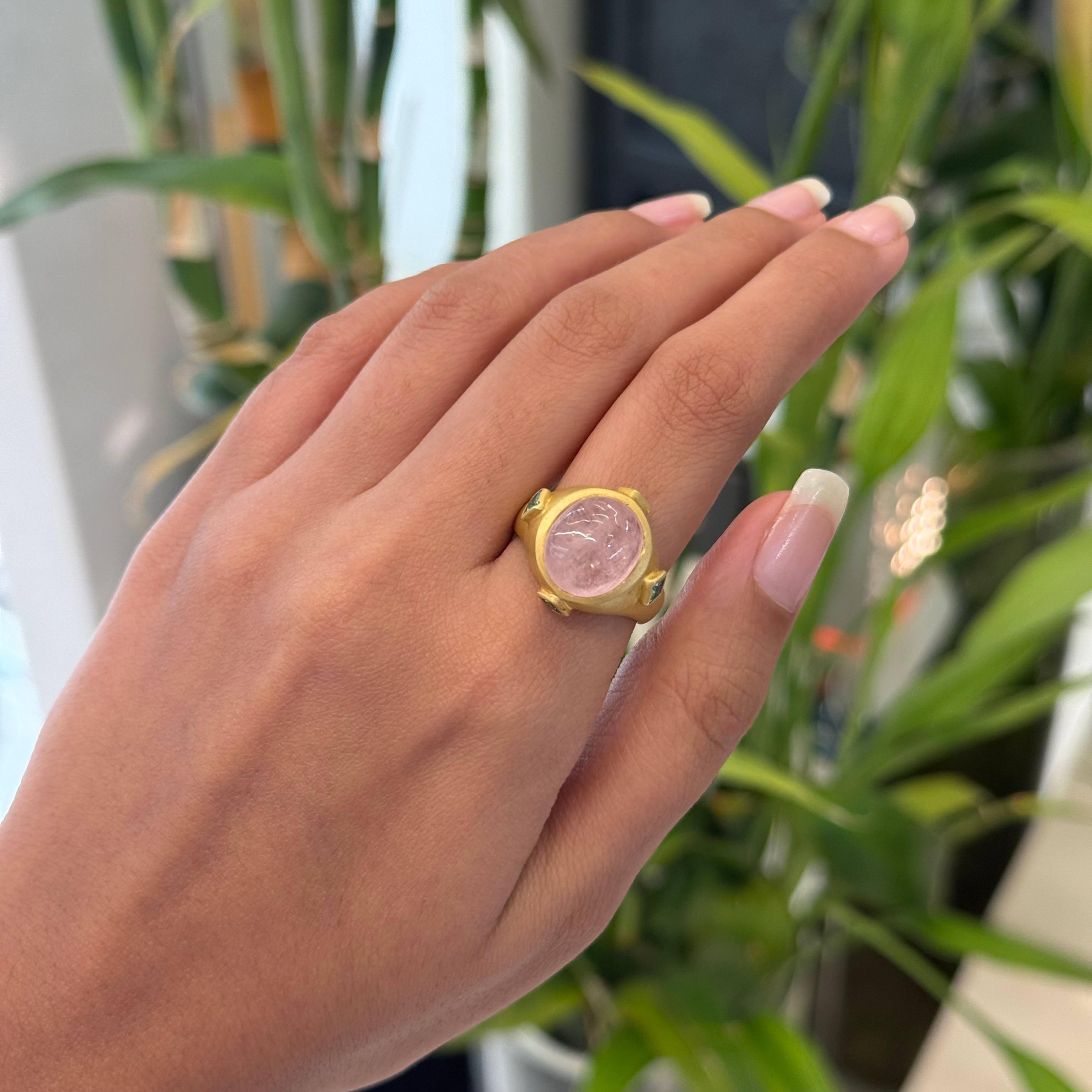 Natural Morganite and emerald gold polish ring