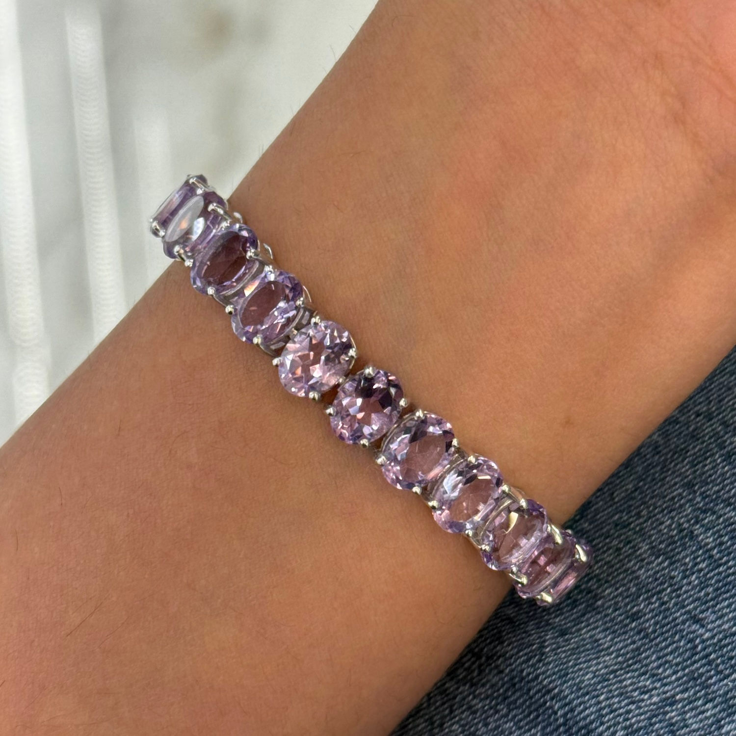 Natural Amethyst 925 Sterling Silver Oval Light Purple Tennis Bracelet