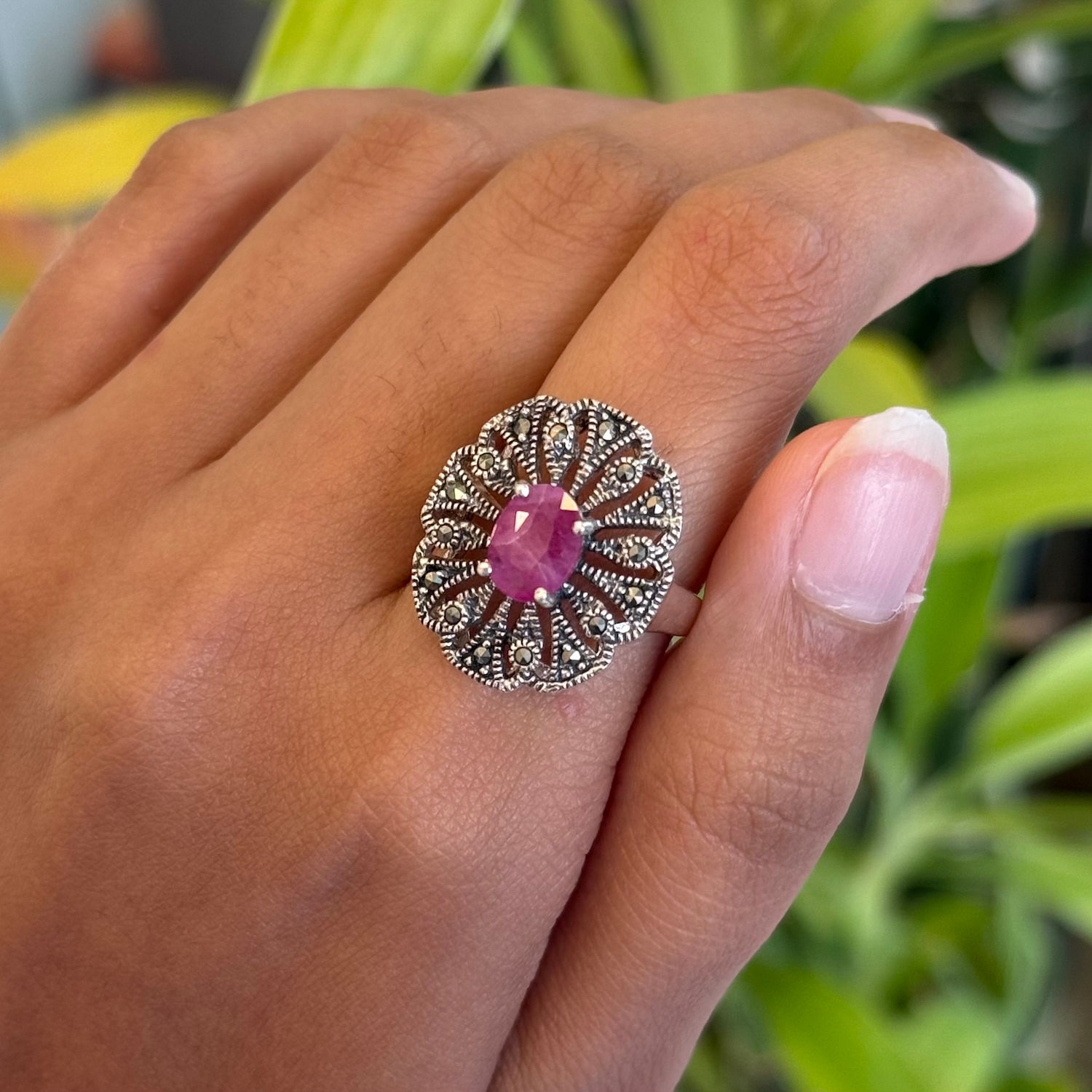 Ruby 925 Sterling Silver Oval Marcasite Flower Ring