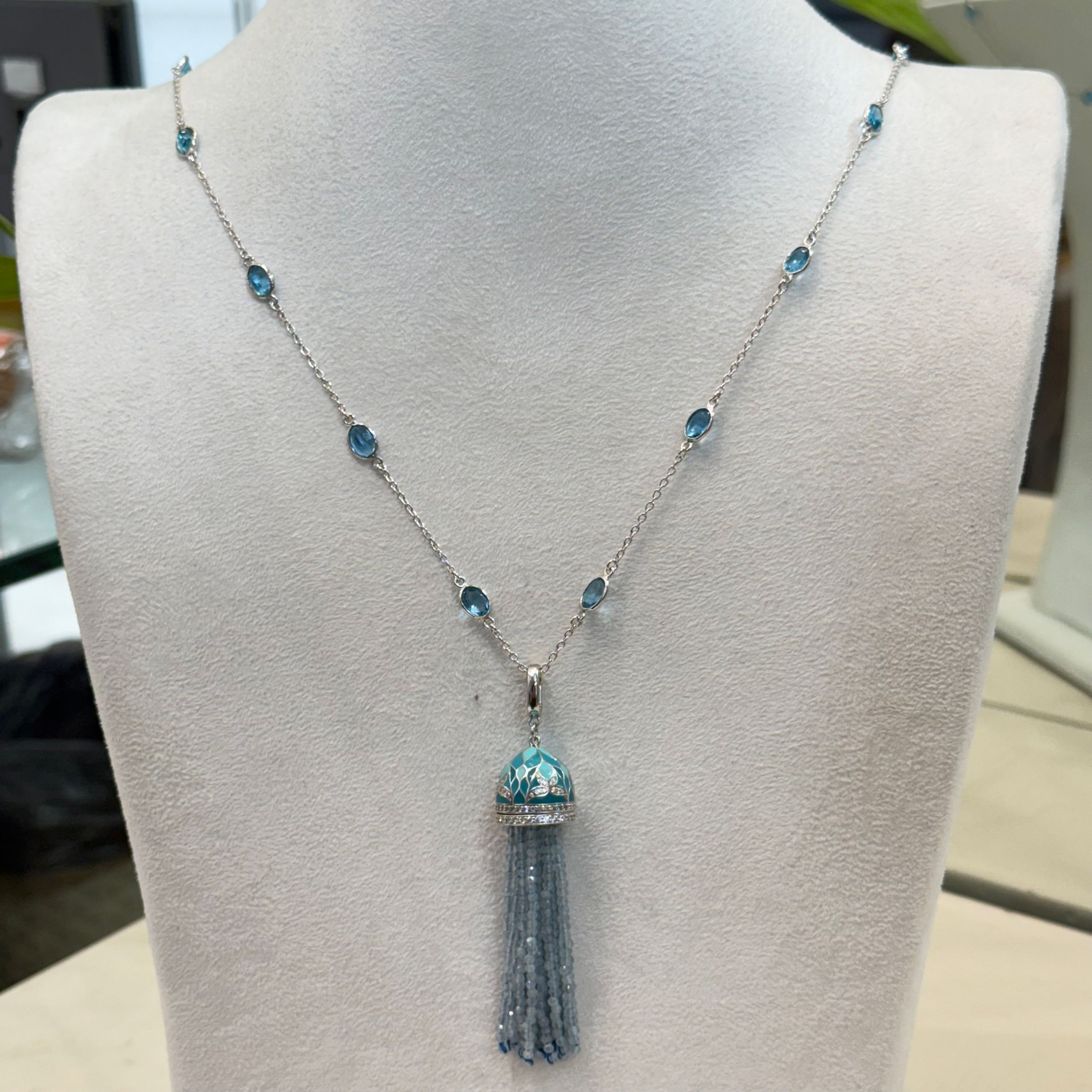 Topaz Blue Chain Tassel Beaded Necklace With Enamel Detailing