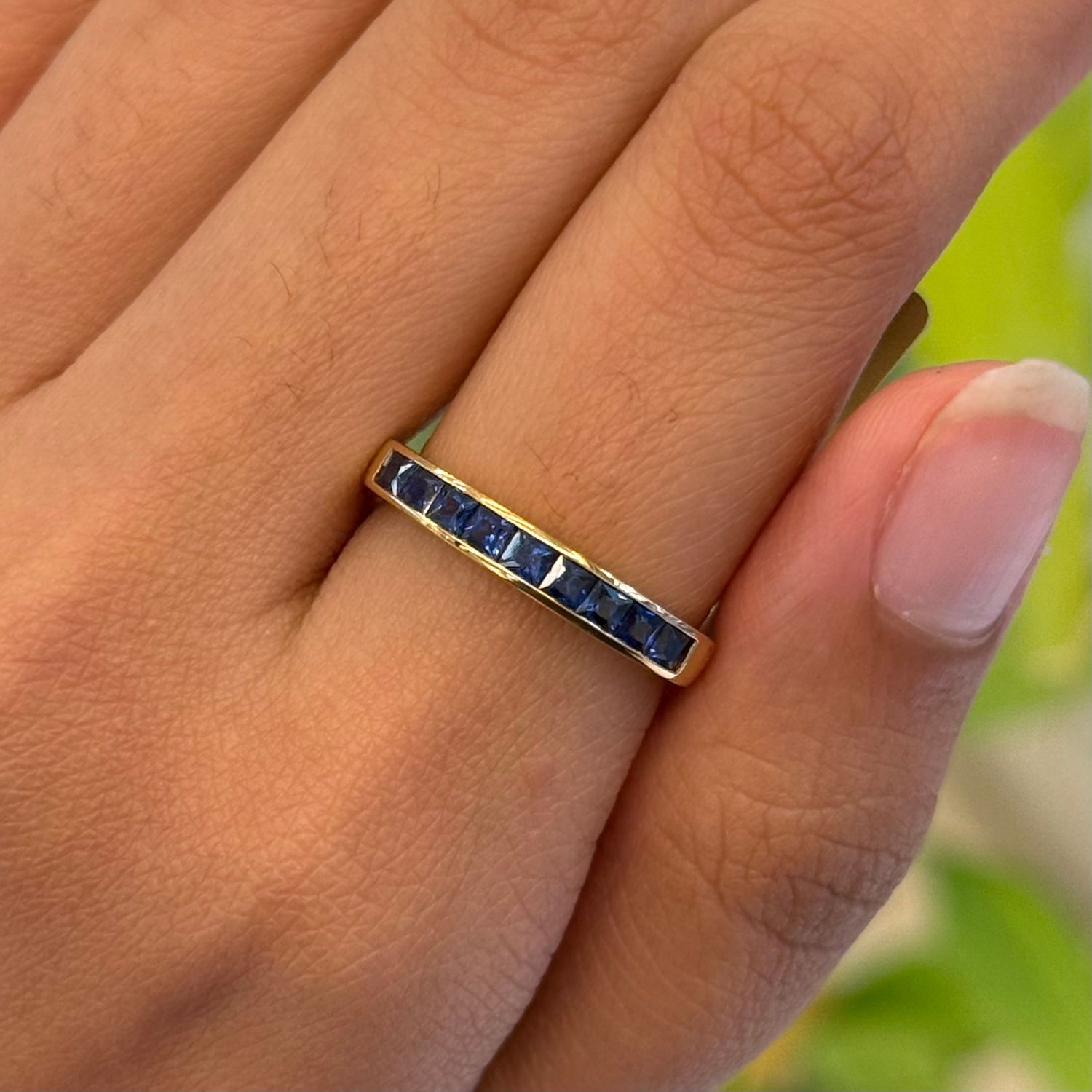 18K Yellow Gold Natural Blue Sapphire Square Channel Setting Half Band Ring