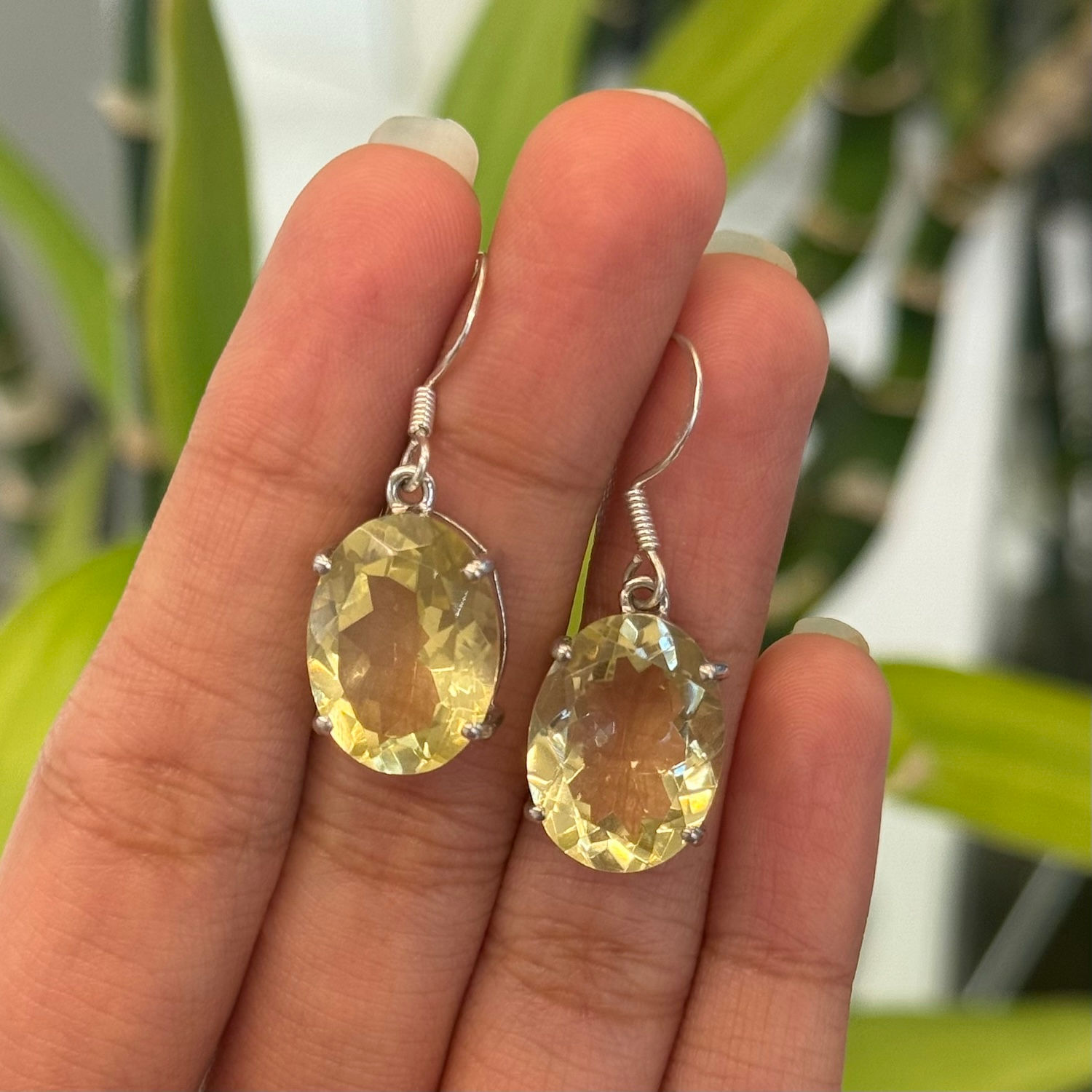 Natural Gemstones Oval 925 Sterling Silver Hanging Hook Earrings