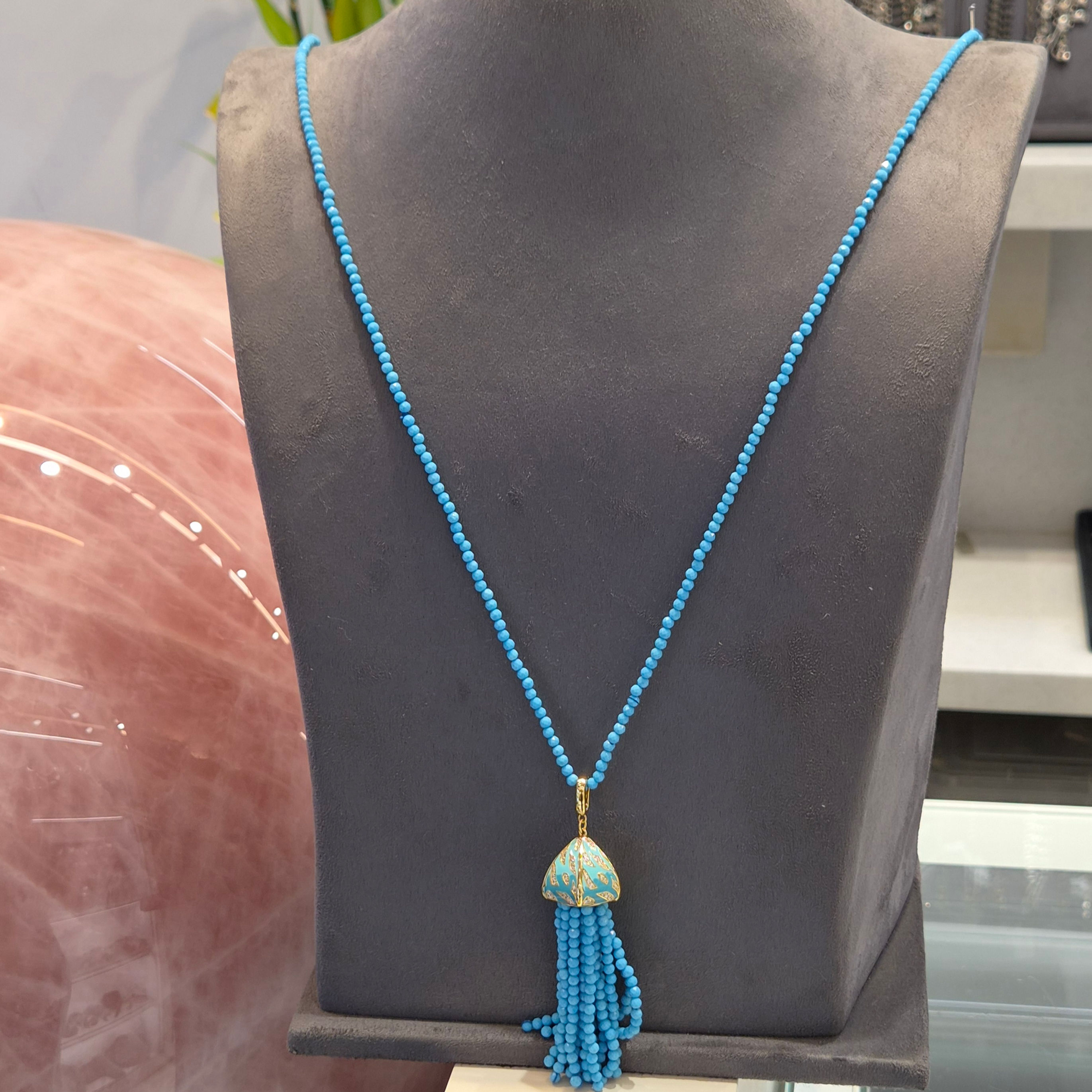 Turquoise Beaded Tassel Necklace Enamel Detailing With Micron Gold Plating