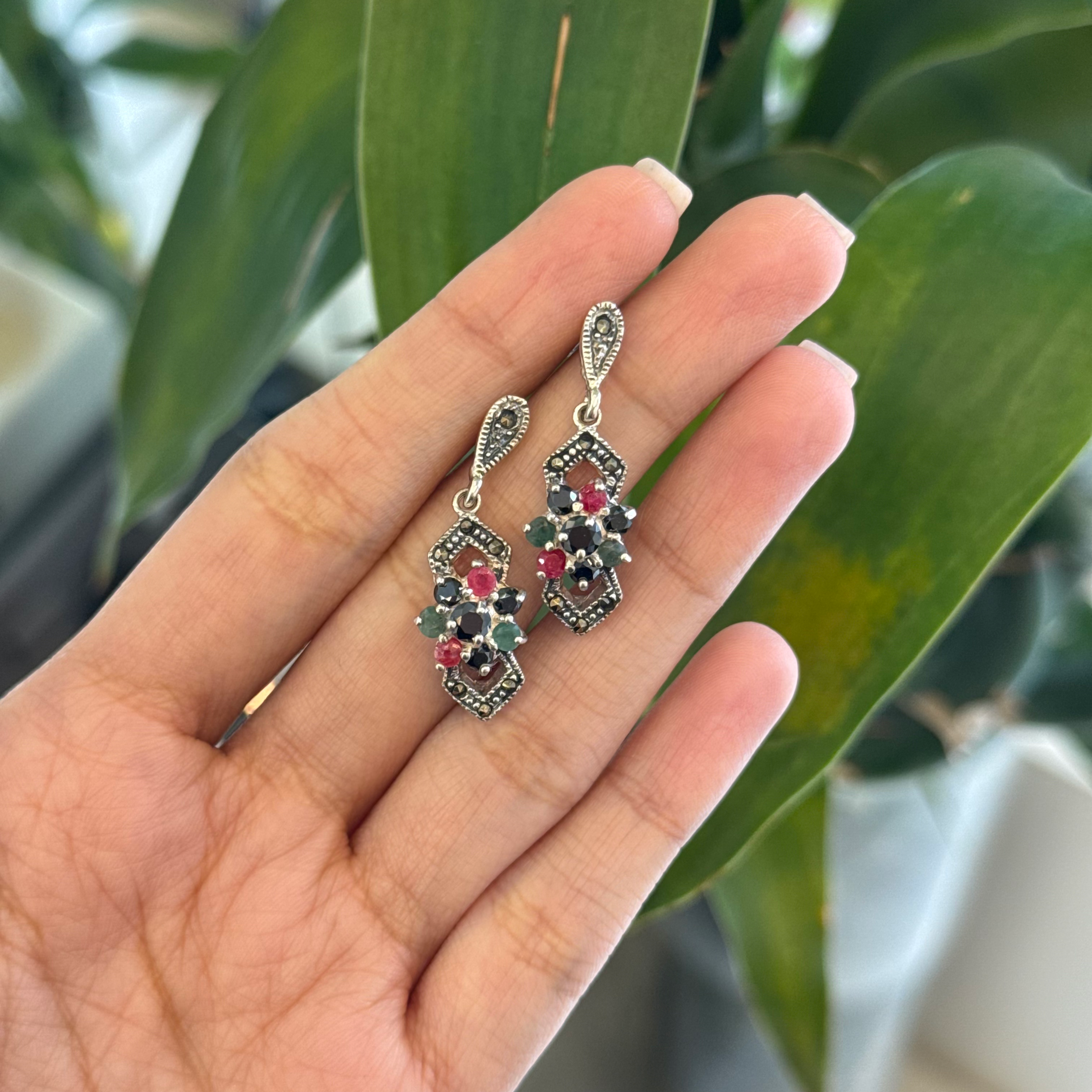 Emerald ruby sapphire Marcasite earrings