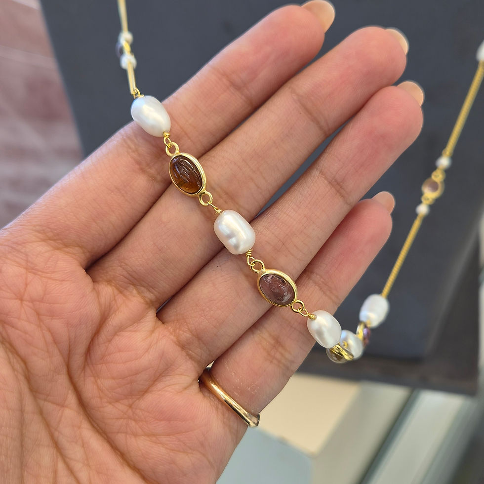 Thumbnail: Tourmaline and Rice Pearl Micron Gold Polish Long Necklace