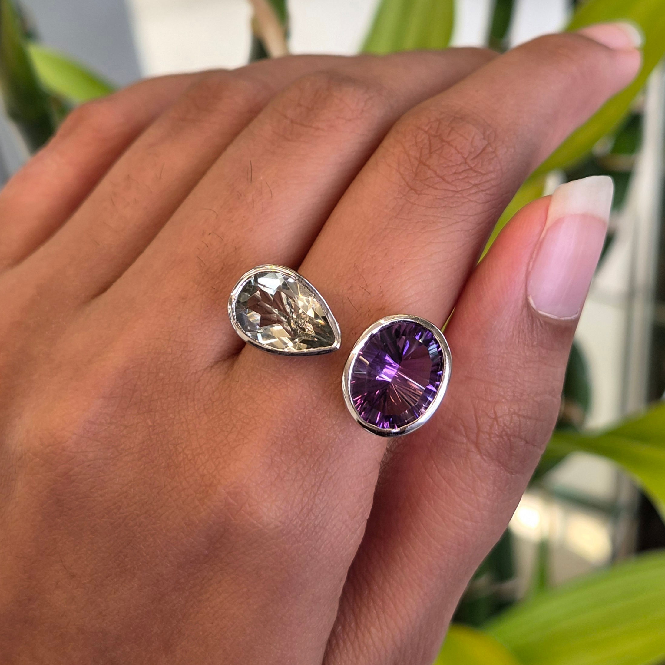 Natural Amethyst 925 Sterling Silver Oval Pear Cut Adjustable Bezel Ring