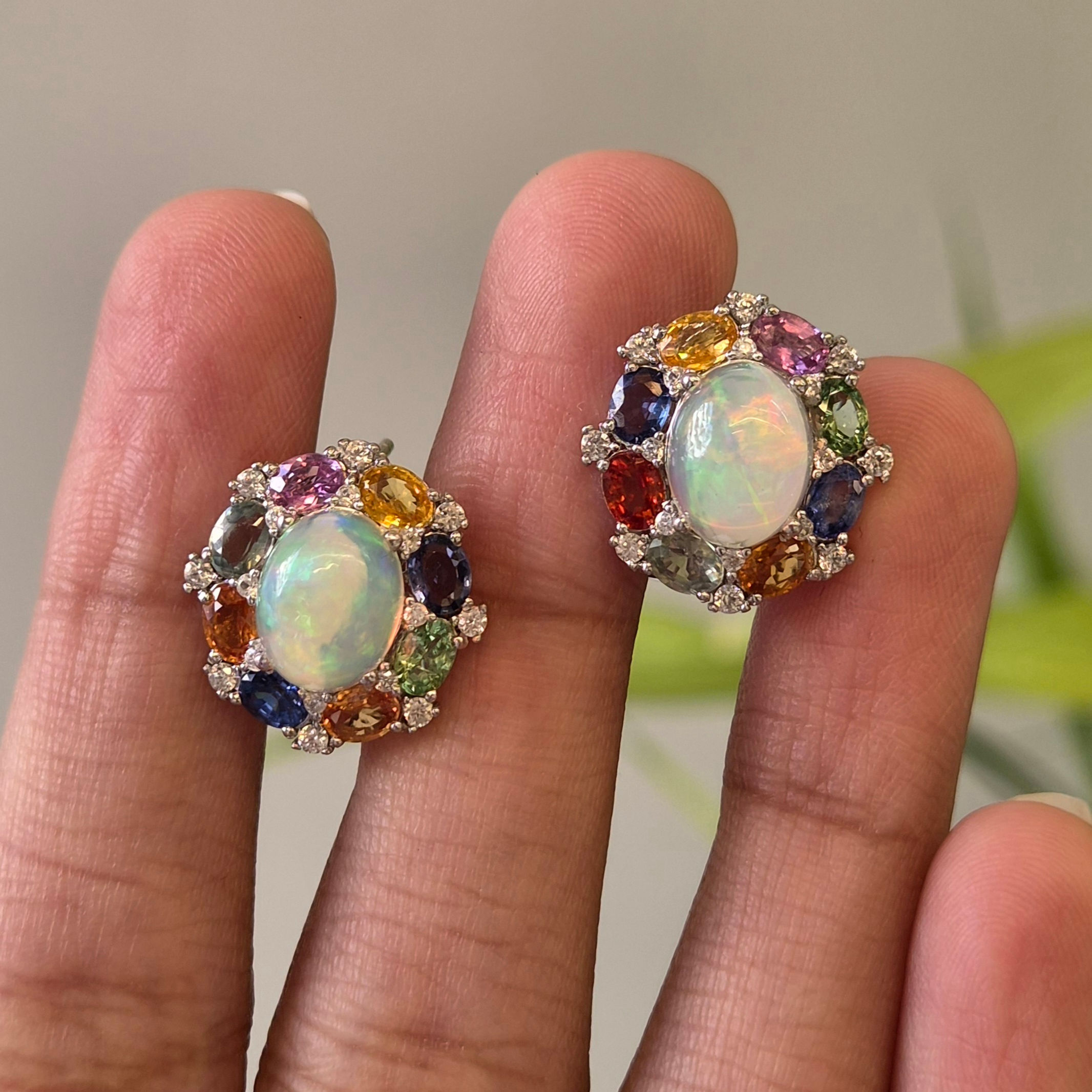 Natural Opal And Multi-Sapphire Omega-Back Earrings in 925 Sterling Silver