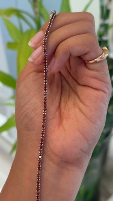 Thumbnail: Natural Garnet 2MM Round 925 Sterling Silver Tennis Bracelet