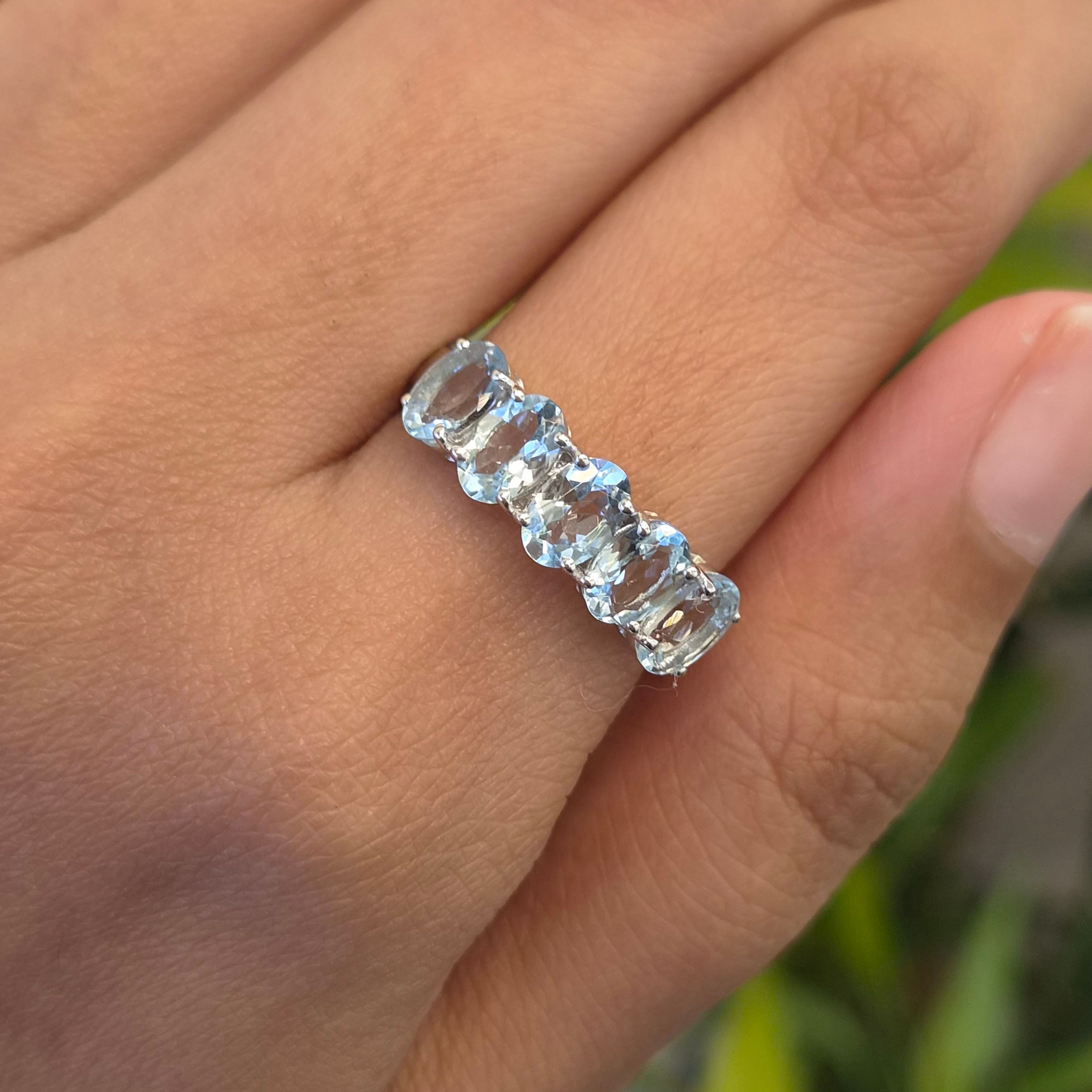 Natural Oval Shaped Aquamarine Five Stone Ring