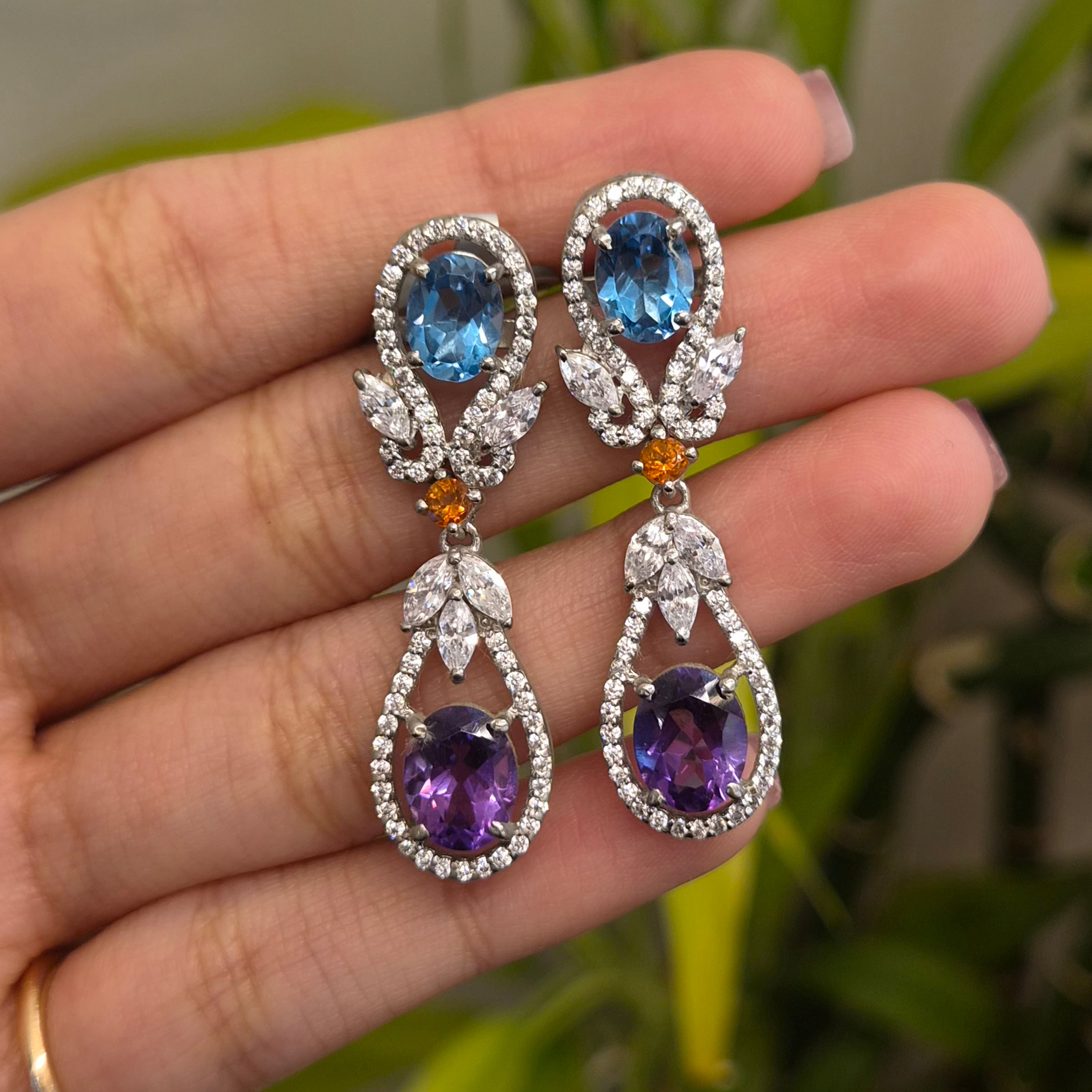 Natural Multi Gemstone 925 Sterling Silver Hanging Earring