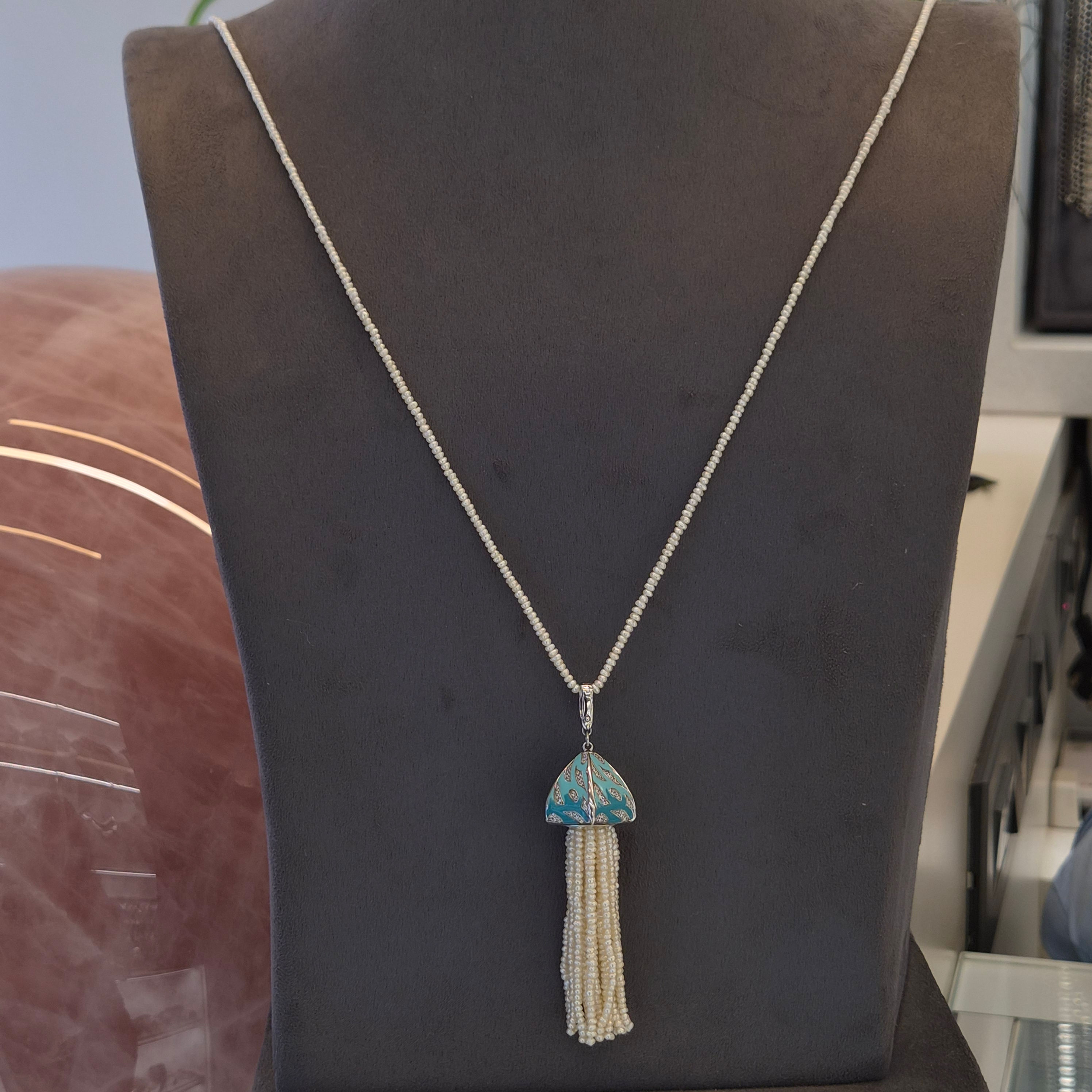 Freshwater Pearl Tassel Necklace Turquoise Enamel Detailing