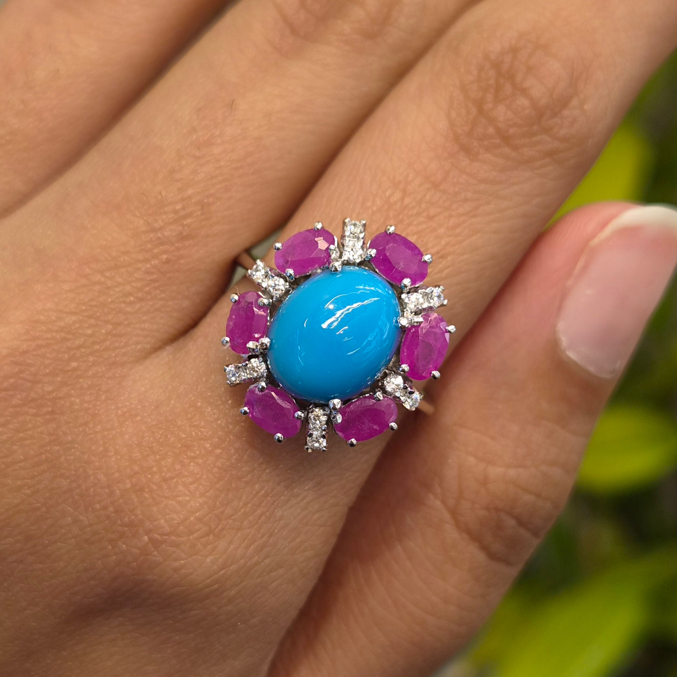 Natural Turquoise And Ruby Floral Halo Ring in 925 Sterling Silver Ring