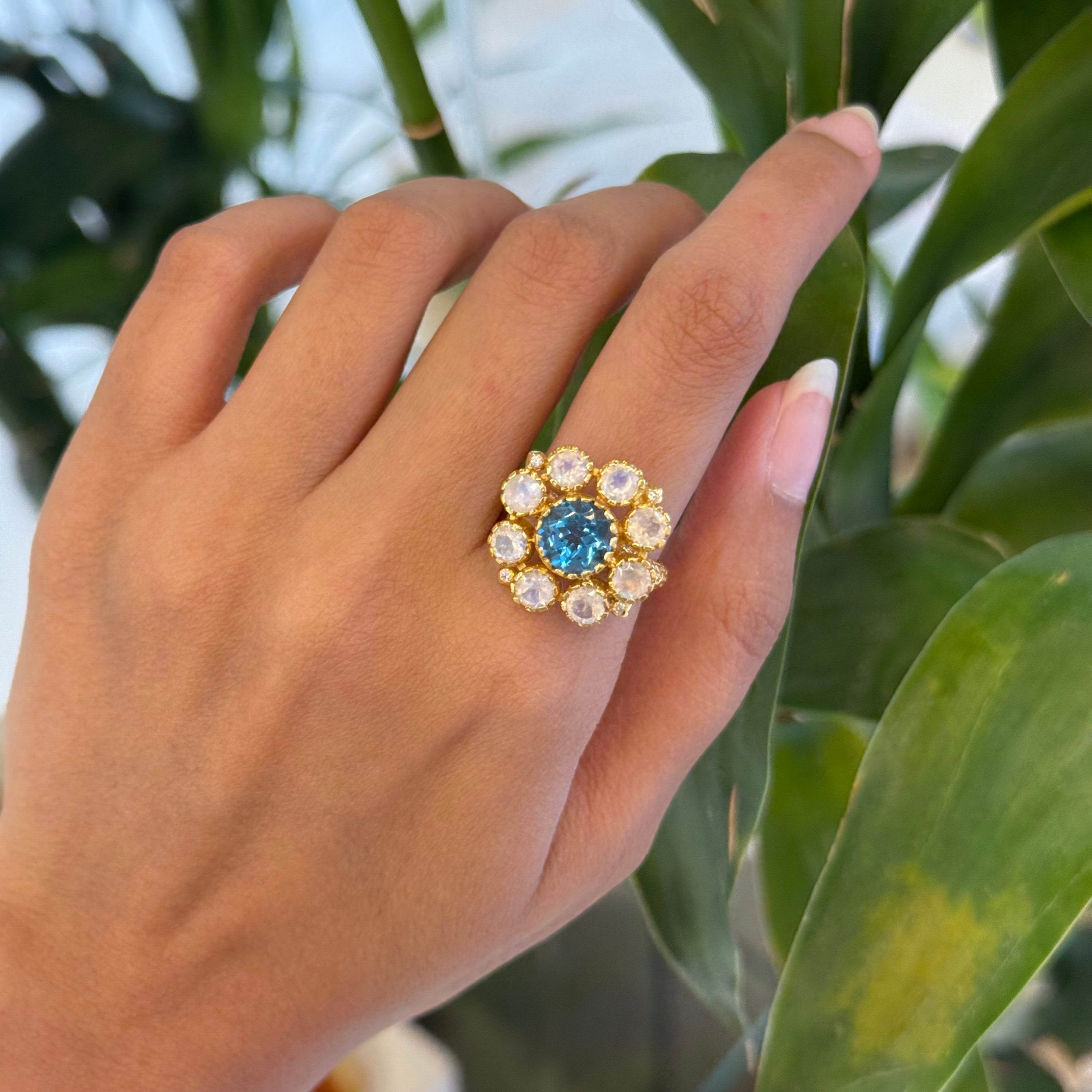 Natural Blue topaz and rainbow moonstone gold polish ring