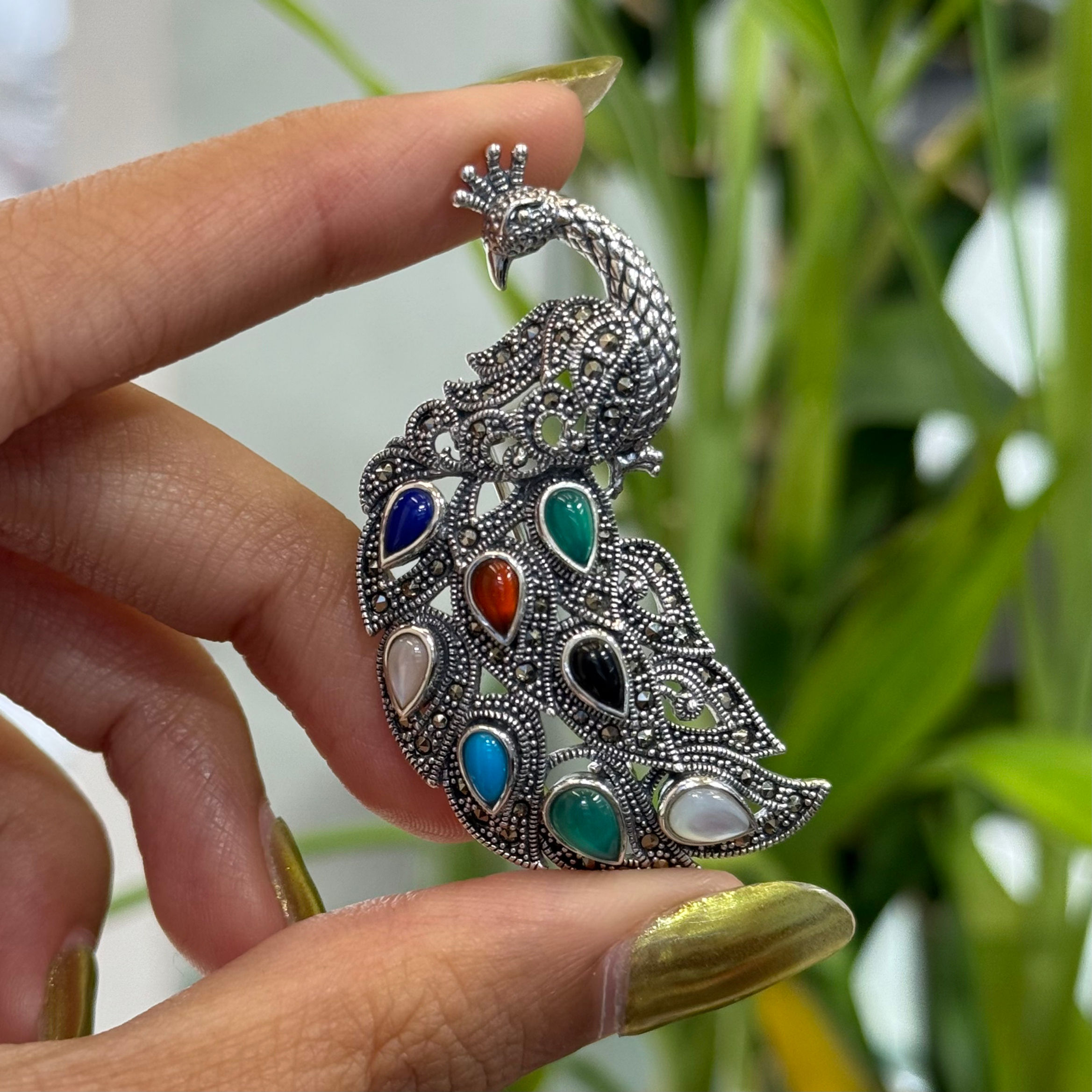 Peacock Multi Stone Marcasite 925 Sterling Silver Brooch Cum Pendant