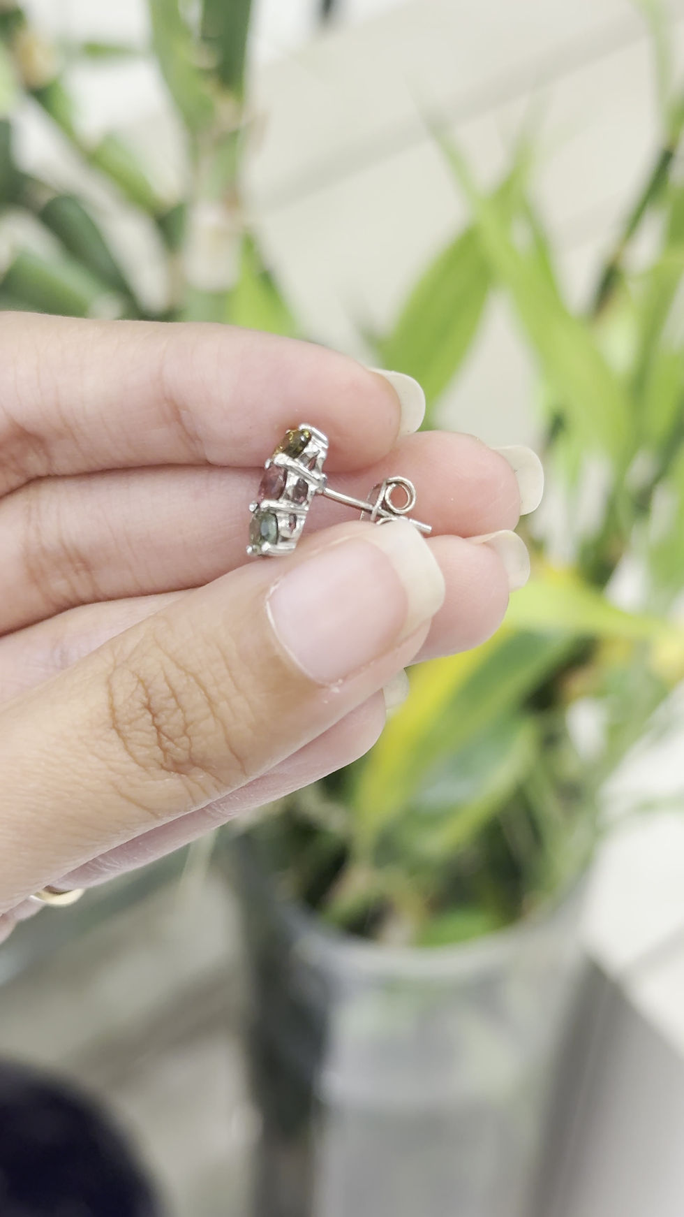 Thumbnail: Natural Multi Tourmaline 925 Sterling Silver Studs Three Stone Earrings