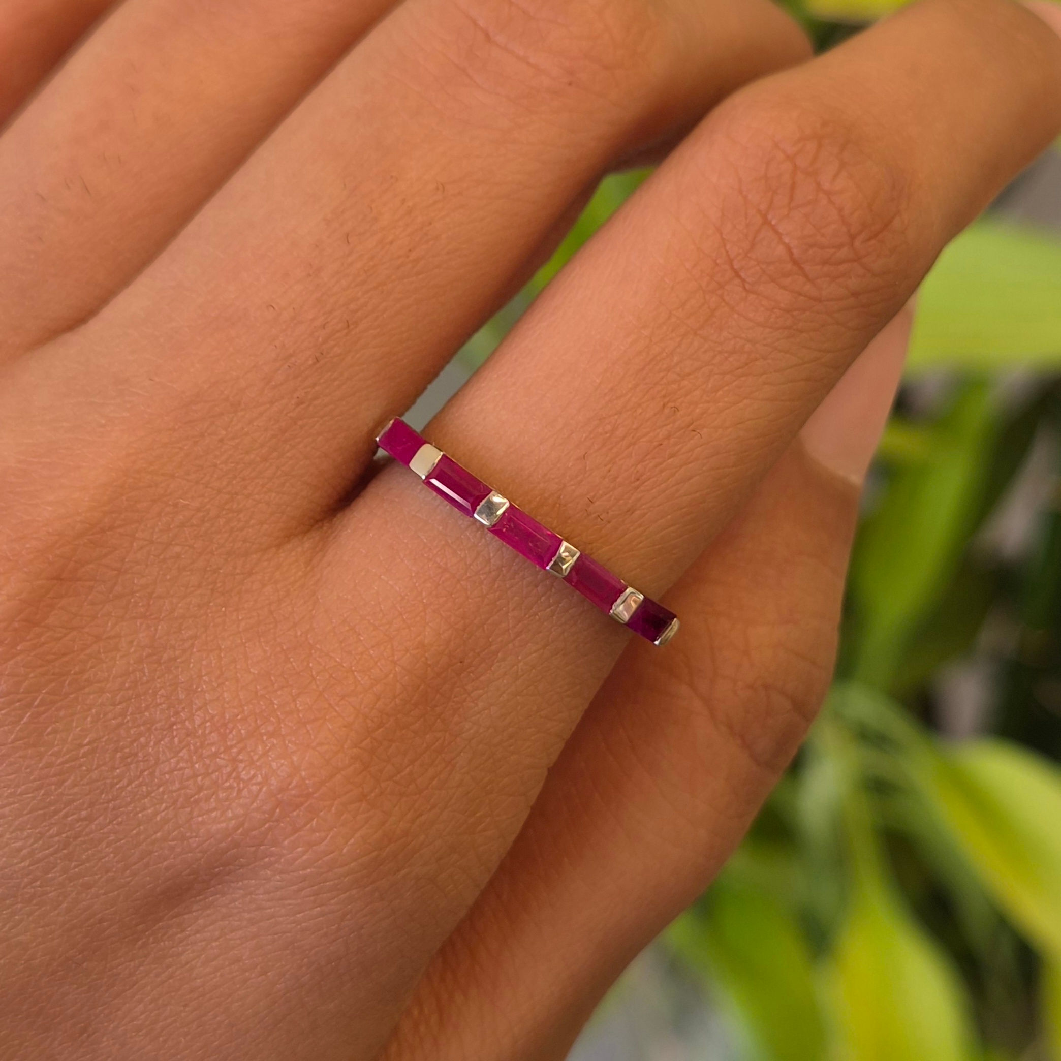 Natural Baguette Cut Ruby Band Ring in 925 Sterling Silver