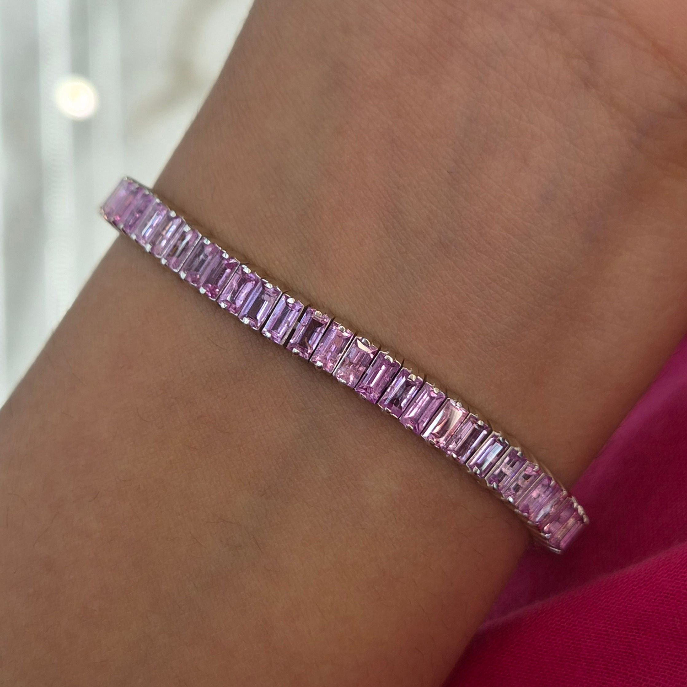 Natural Pink Sapphire 925 Sterling Silver Baguette Cut Tennis Bracelet