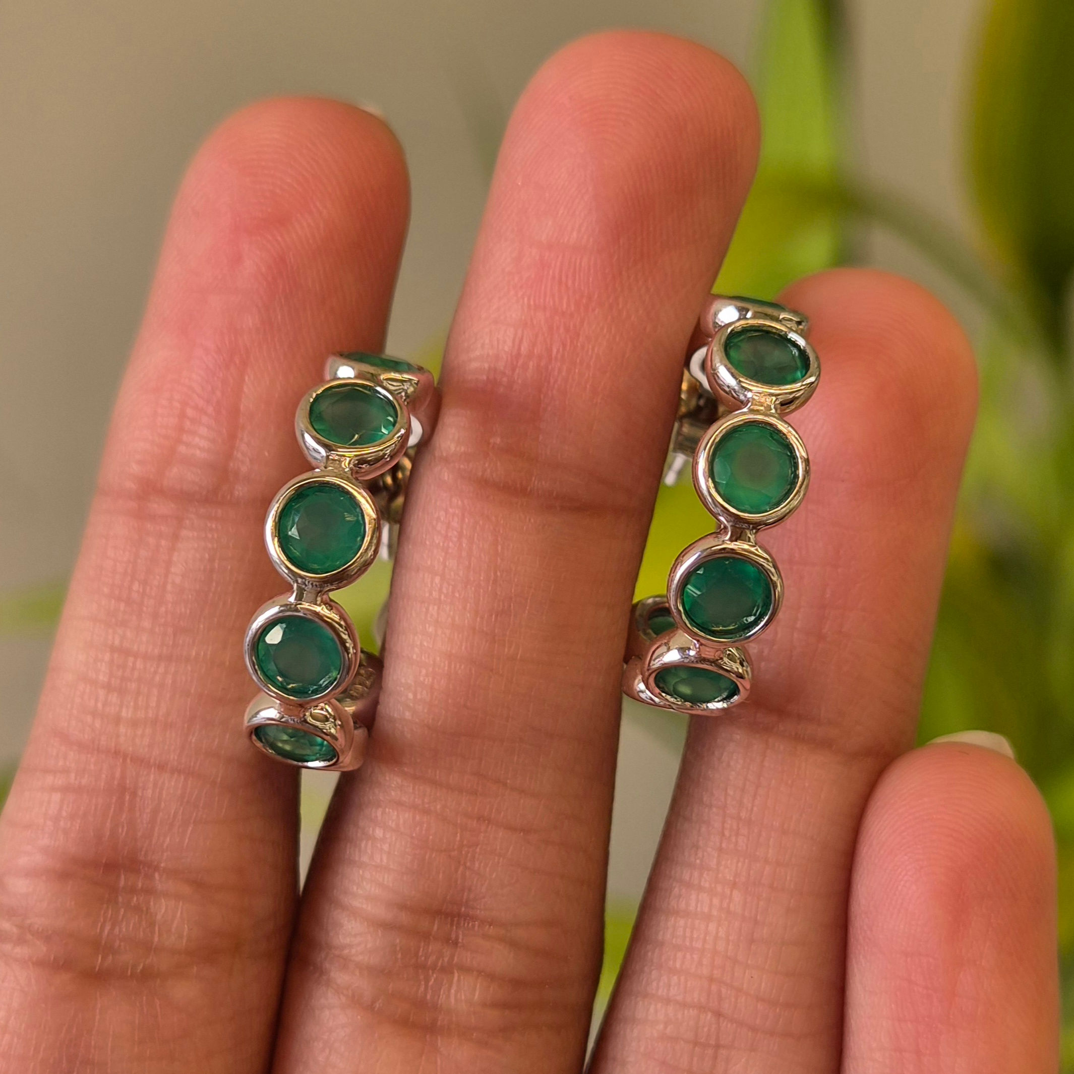 Natural Green Onyx Hoop Earrings in 925 Sterling Silver