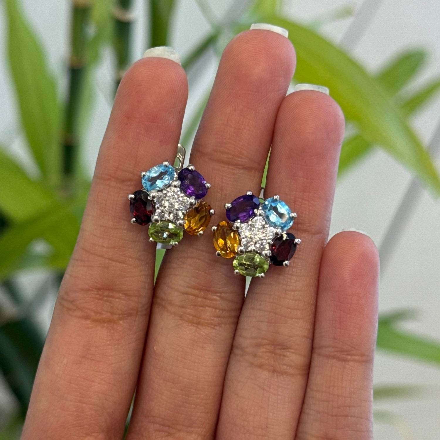 Natural Multi Stone Oval 925 Sterling Silver Flower Studs Earrings