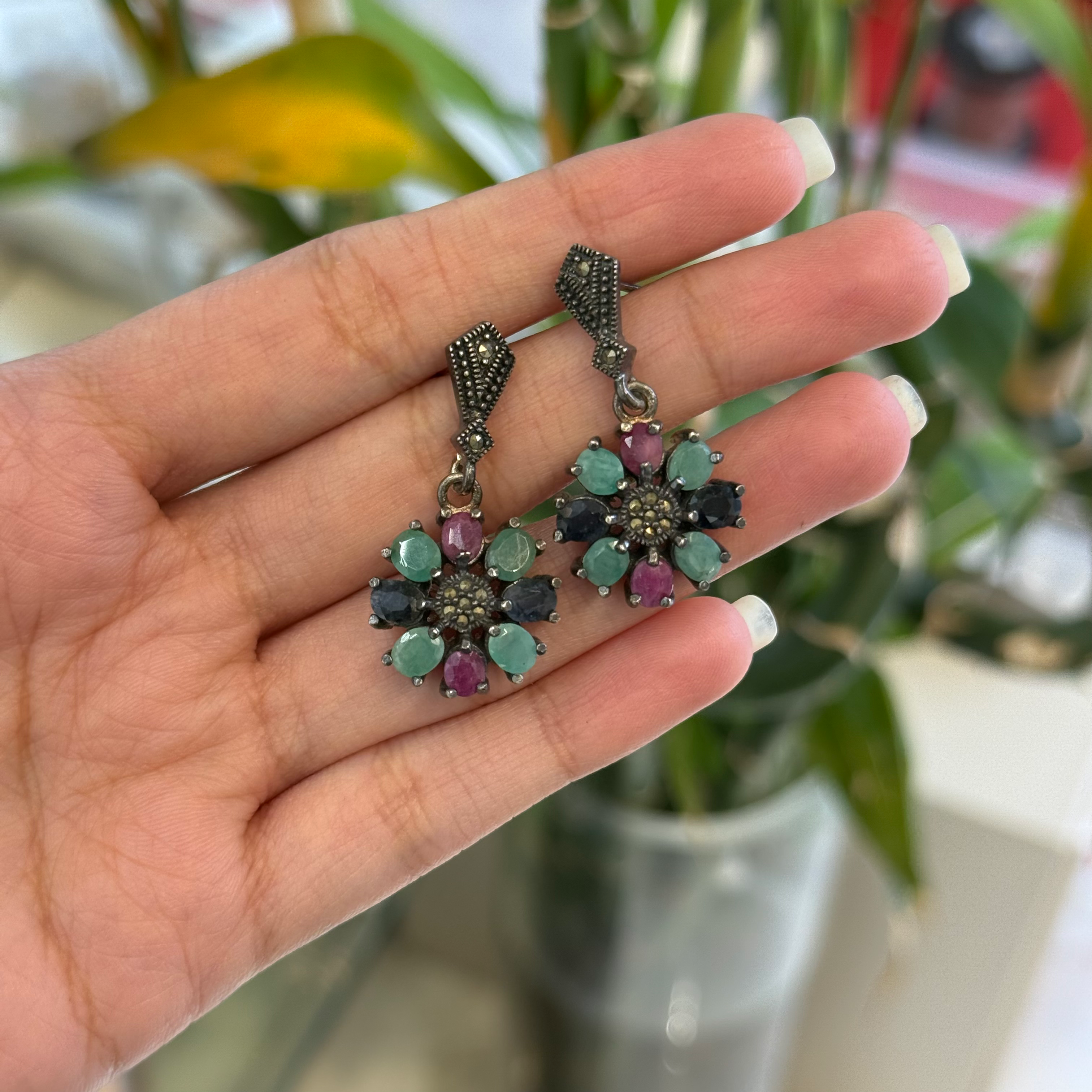 Emerald, Ruby and Sapphire marcasite earrings