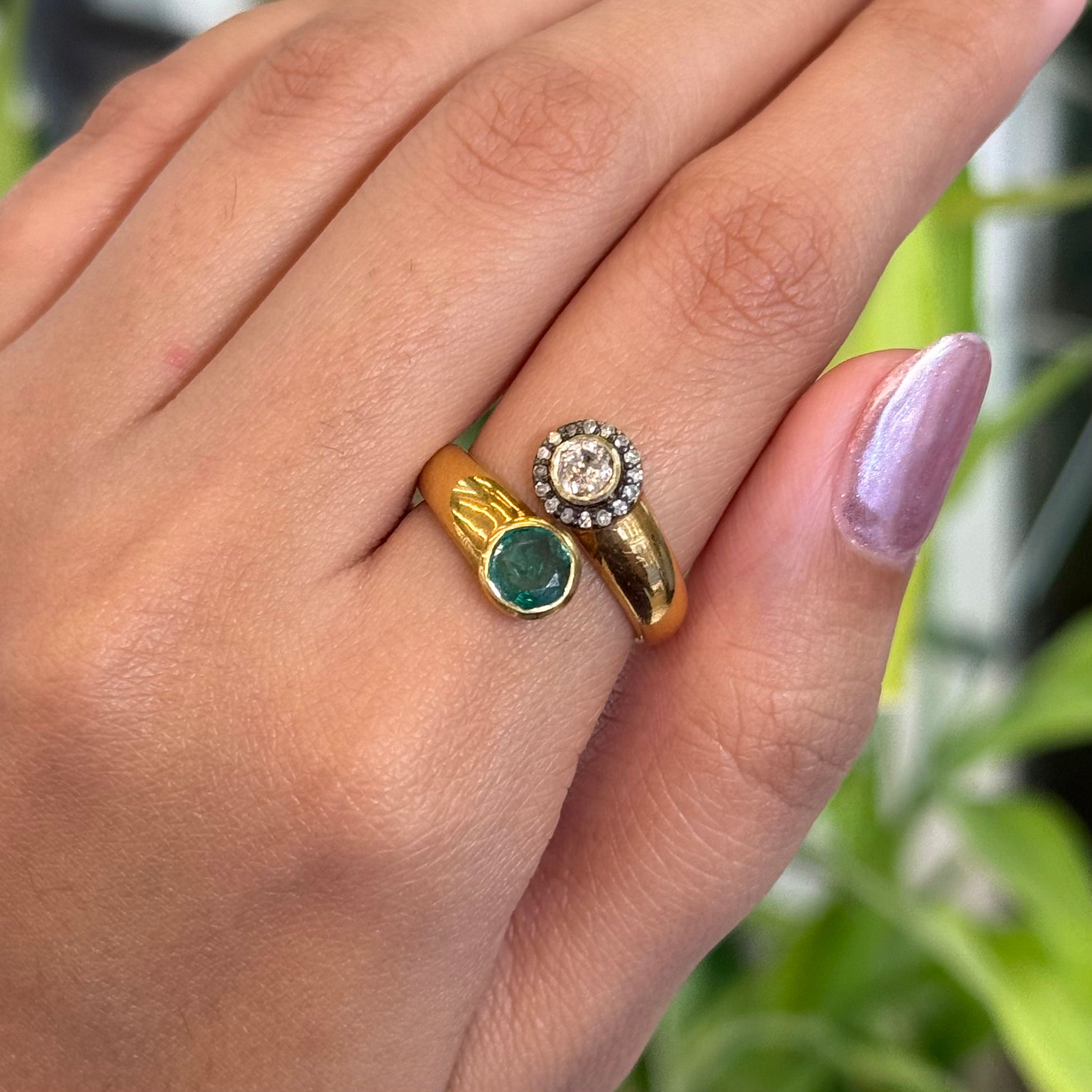 Natural Emerald and Polki Diamond 925 Sterling Silver Micron Gold Polish Ring