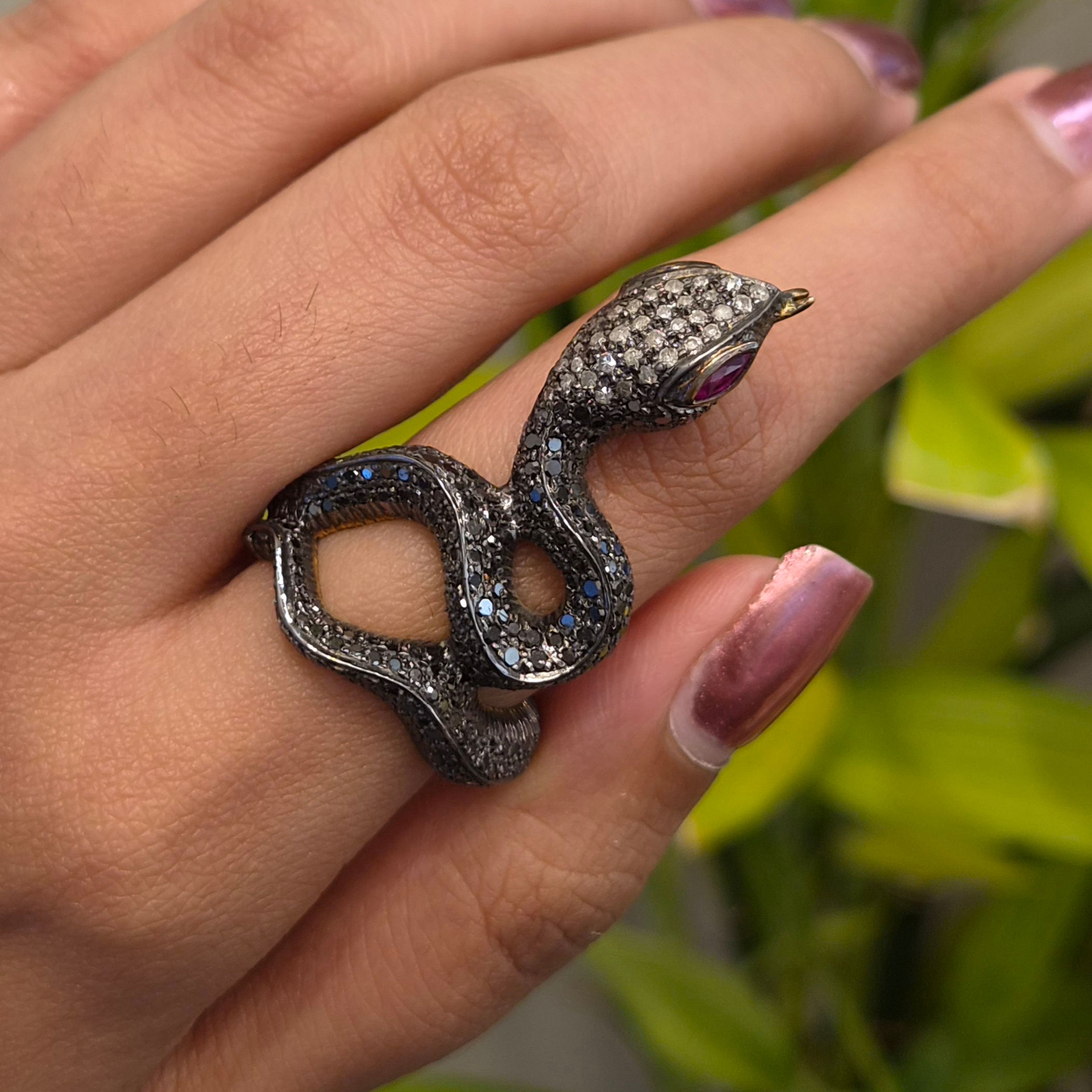 Natural Ruby & Rose Cut Diamonds Snake Victorian Ring