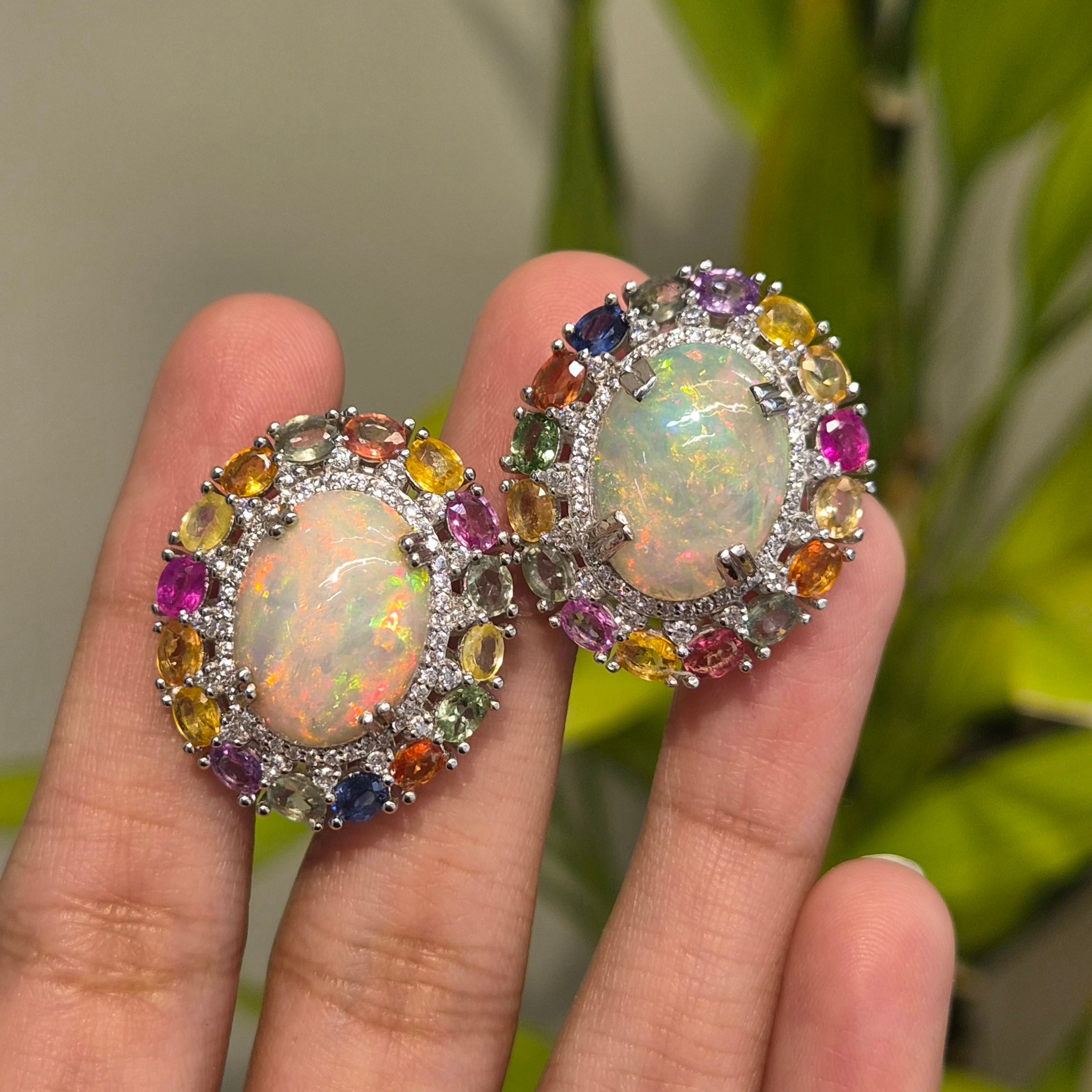 Natural Cabochon Opal & Multi-Sapphire Earrings in 925 Sterling Silver