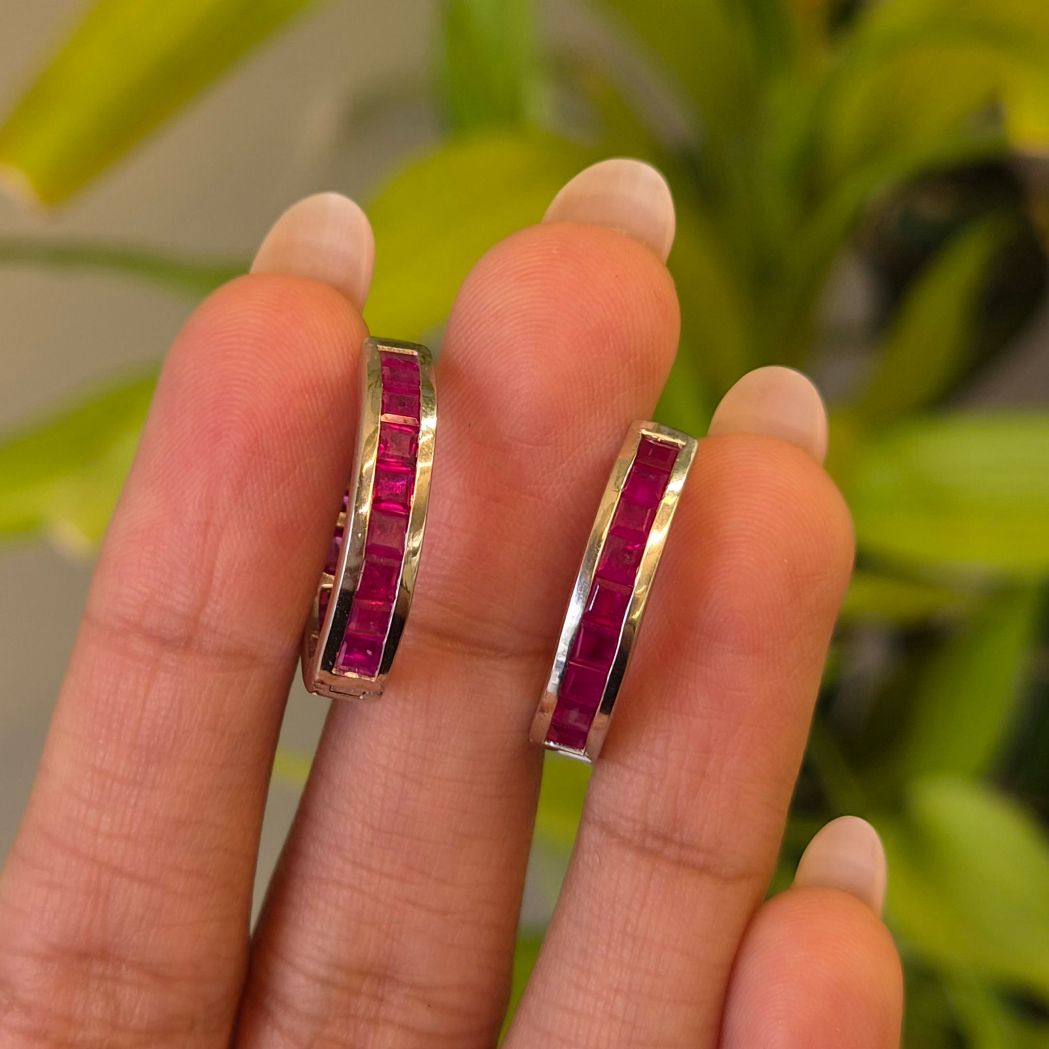 Natural Ruby Hinged Hoop Earrings in 925 Sterling Silver