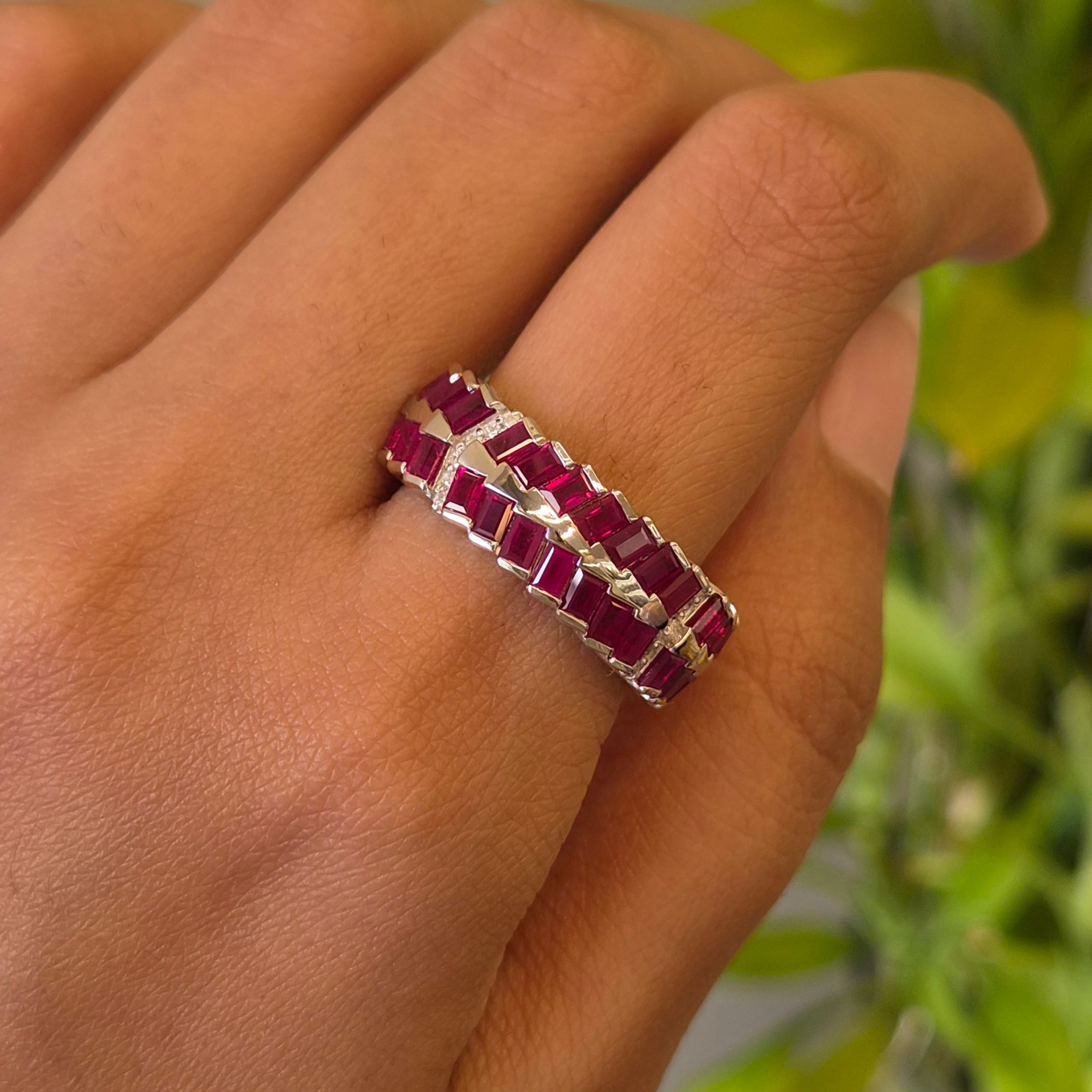 Natural Baguette Cut Ruby & Diamond 925 Sterling Silver Band Ring