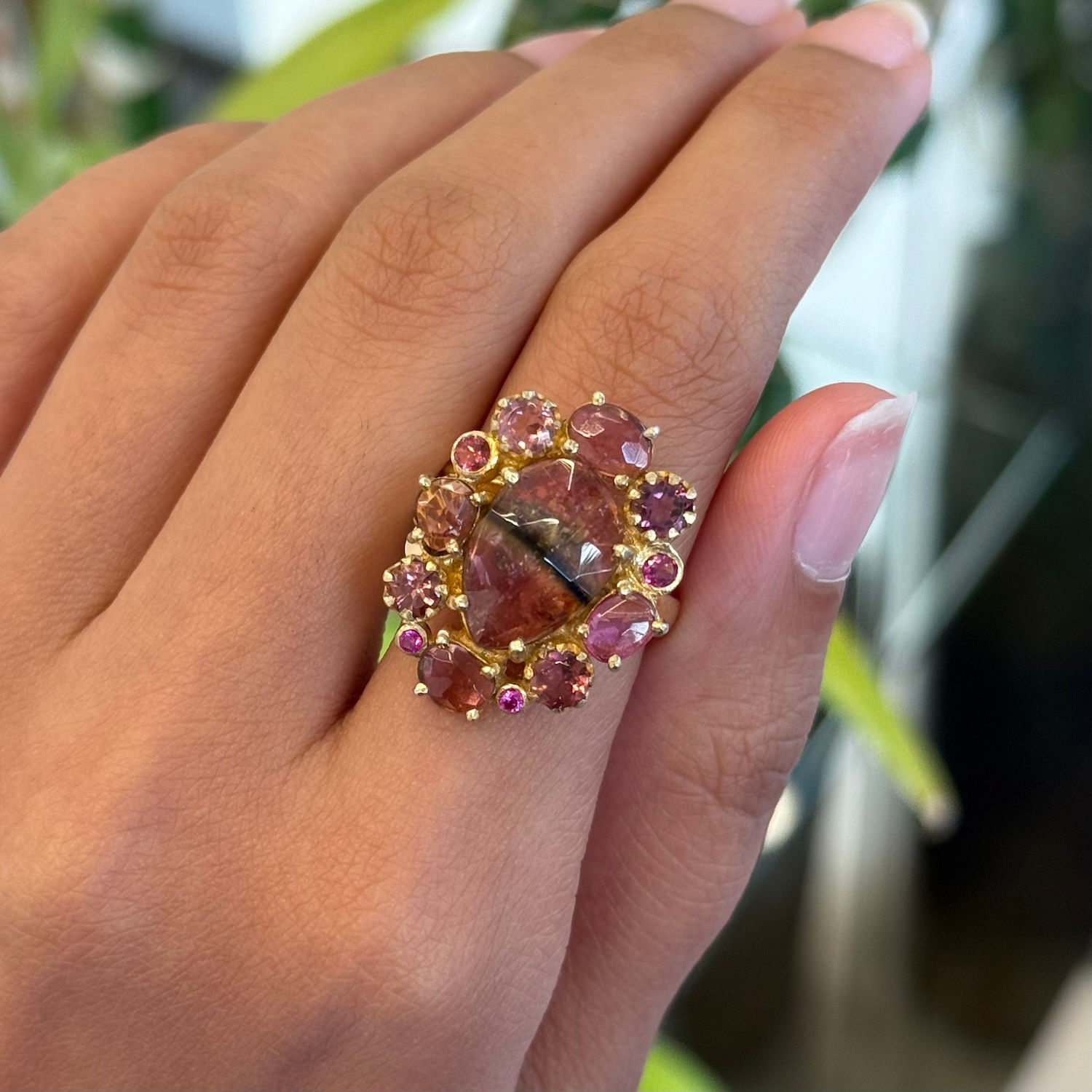 Natural Watermelon Tourmaline Micron Gold Polish Cluster Ring
