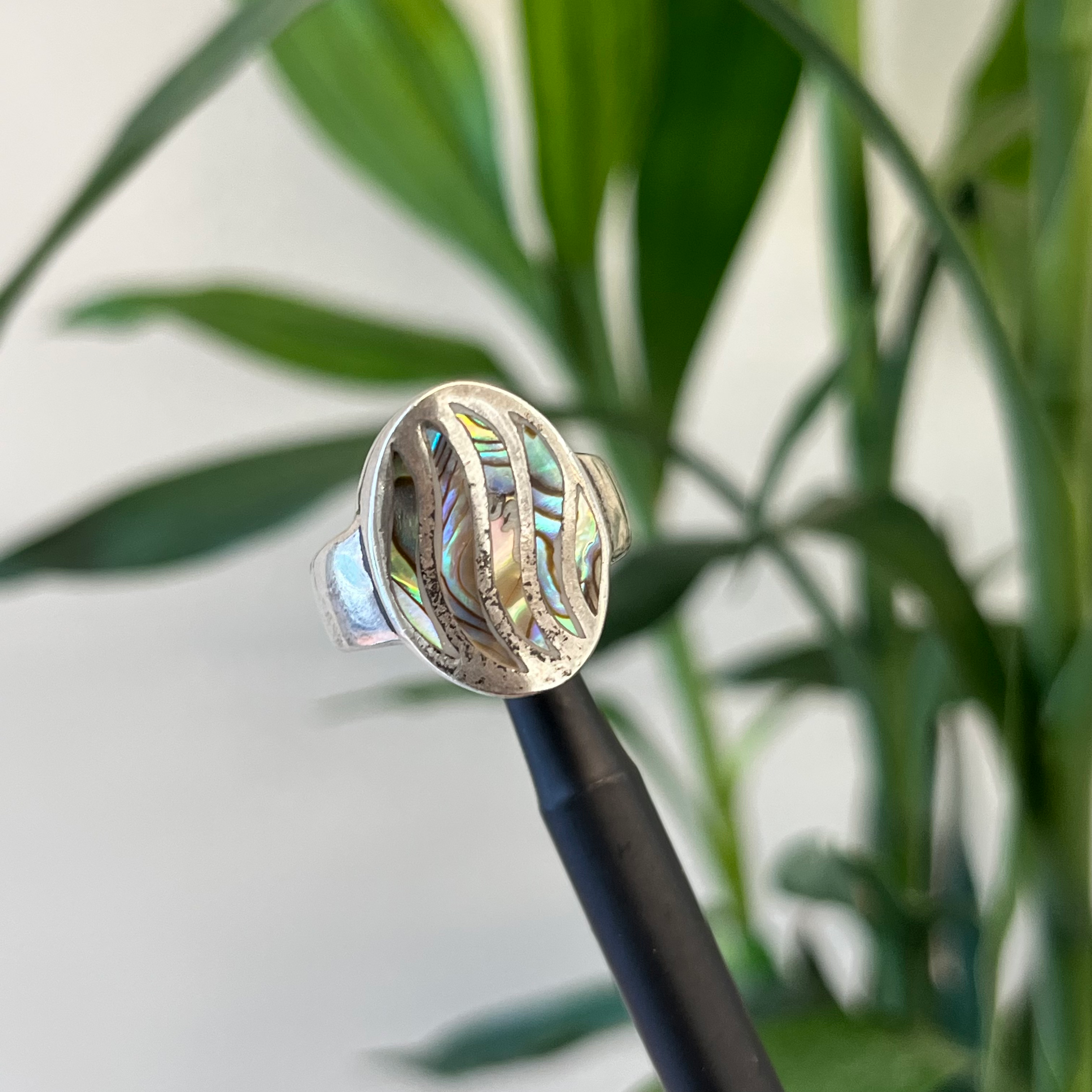 Natural Abalone shell oxidised ring