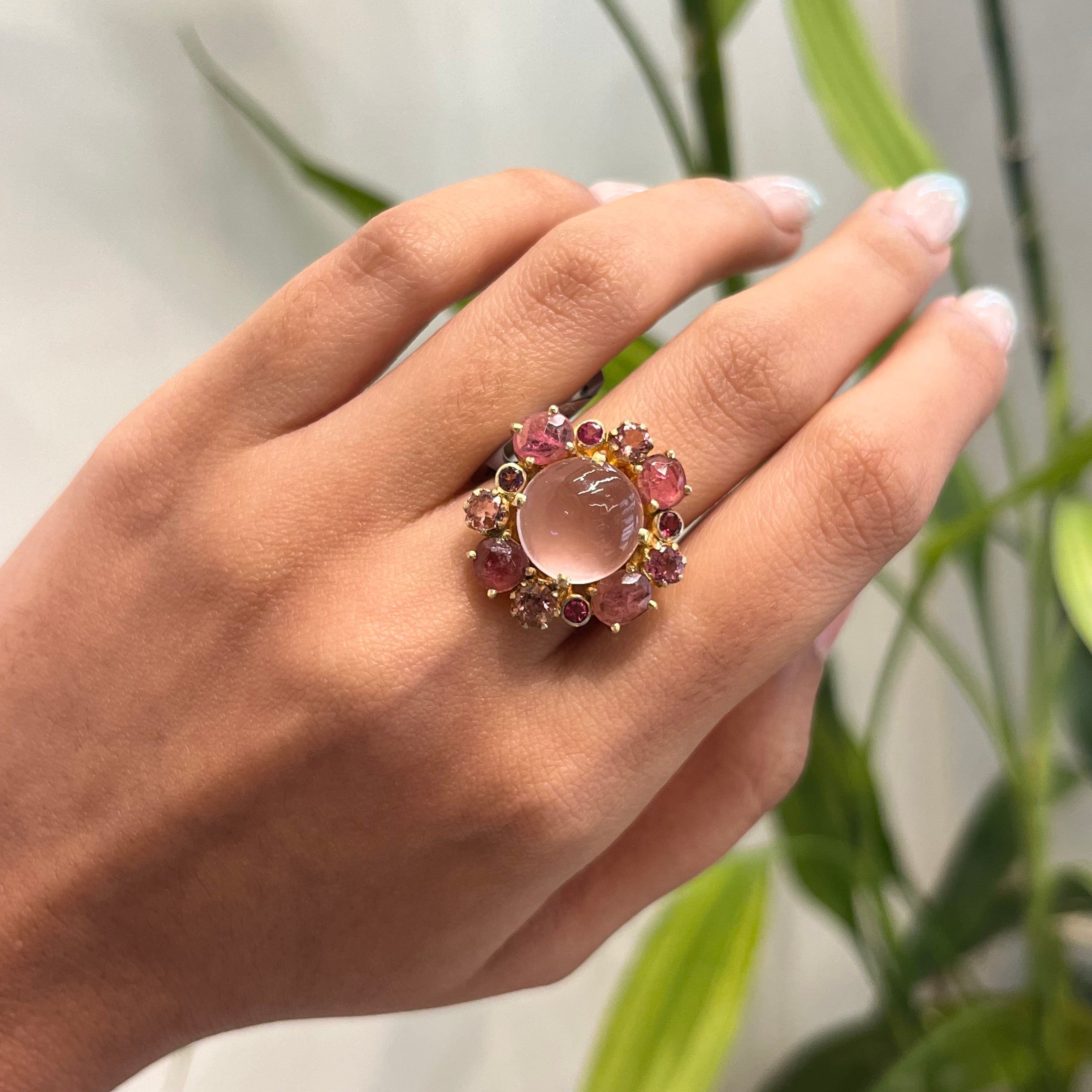 Natural Rose quartz and tourmalines gold polish ring