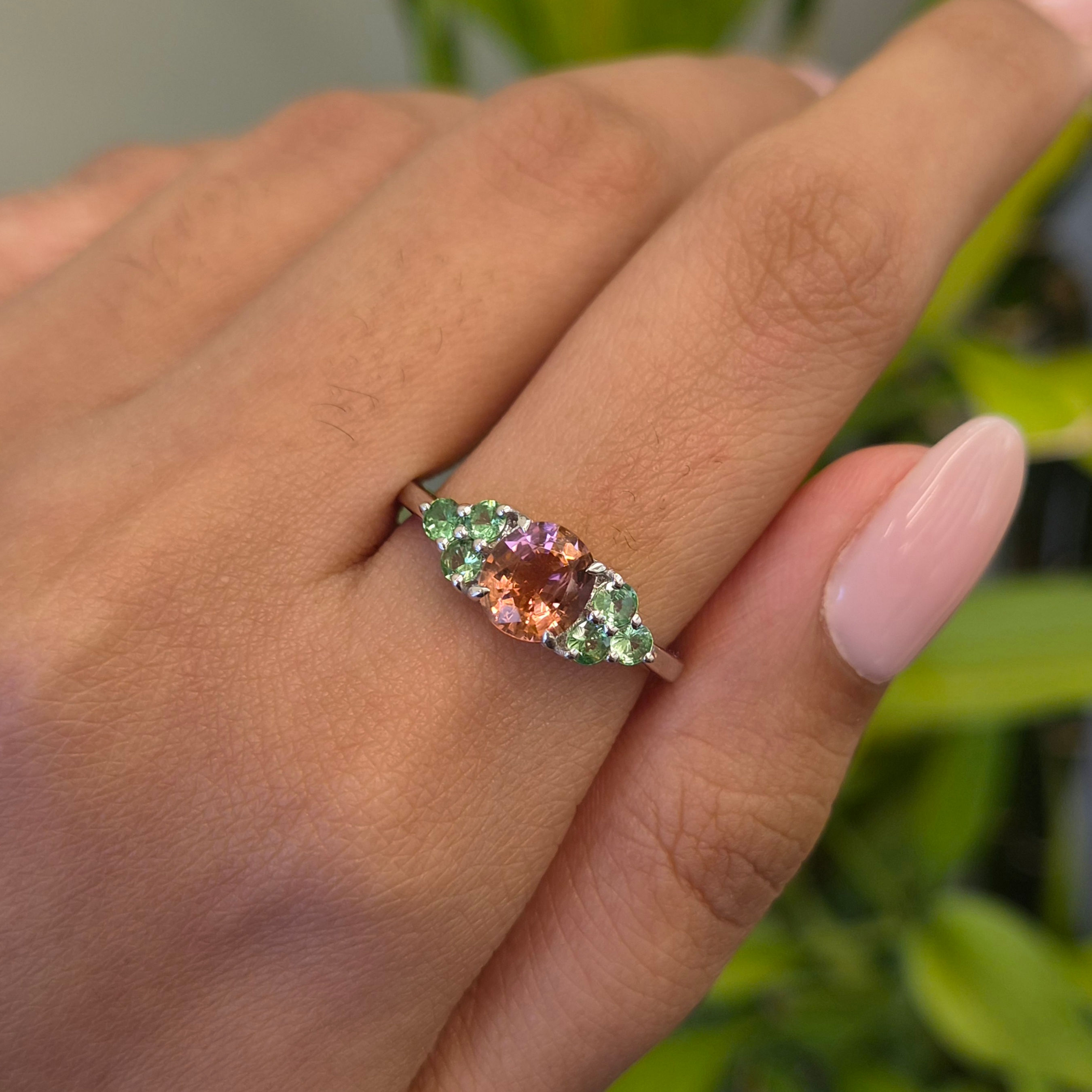 Natural Oval Pink Tourmaline And Round Tsavorite Side Stone Ring