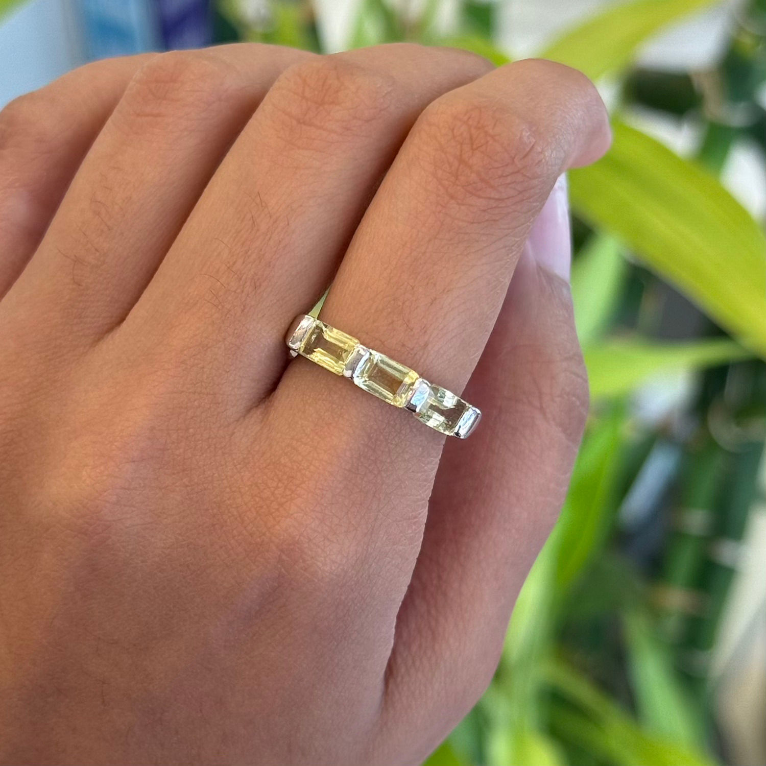 Natural Lemon Topaz 925 Sterling Silver Rectangle Half Band Ring
