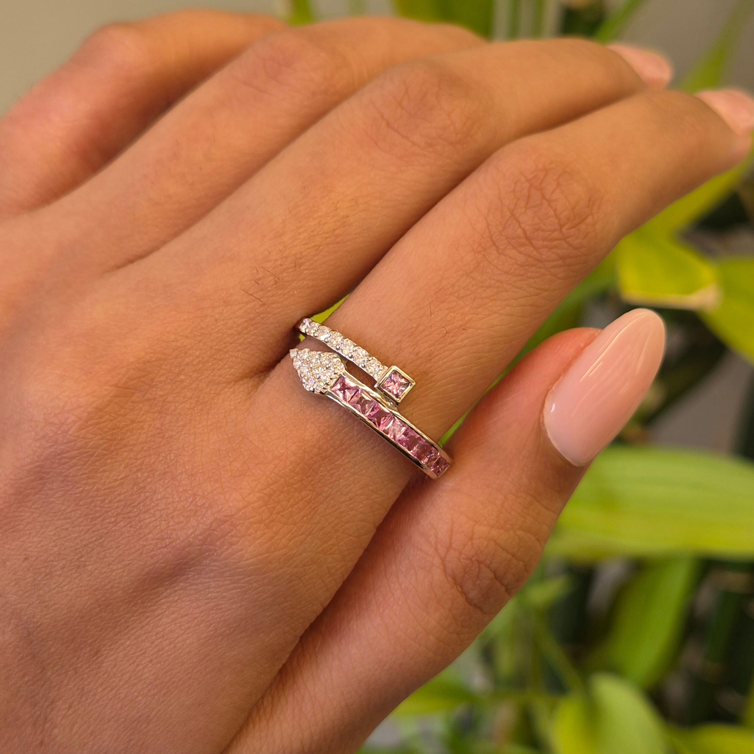 Natural Pink Sapphire And Diamond Bypass Ring in 925 Sterling Silver