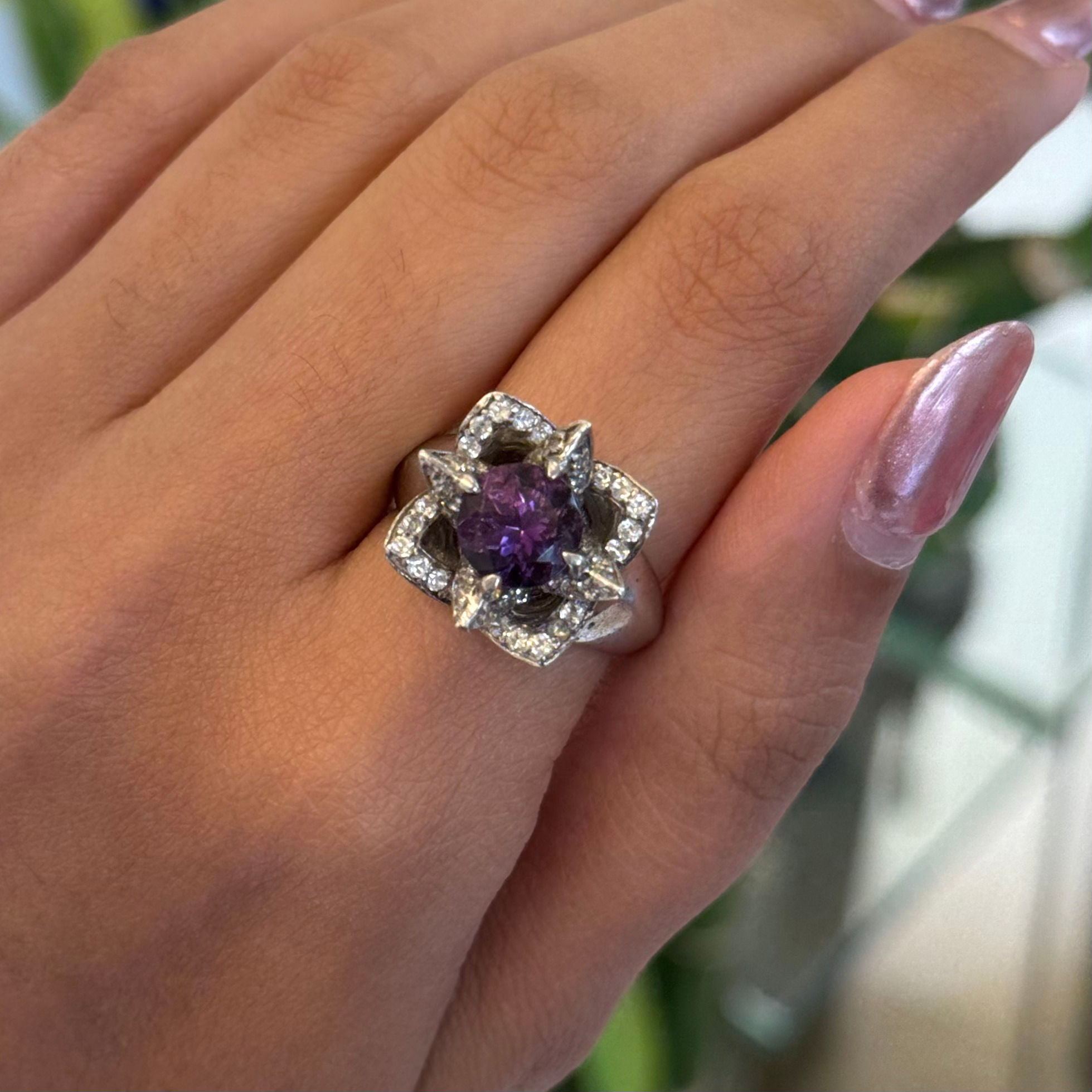 Natural Amethyst Round 925 Sterling Silver Flower Cluster Ring