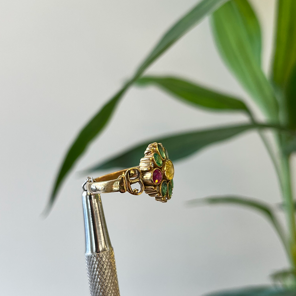 Miniature : Natural Tsavorite, ruby, sapphire and diamond 18K gold ring