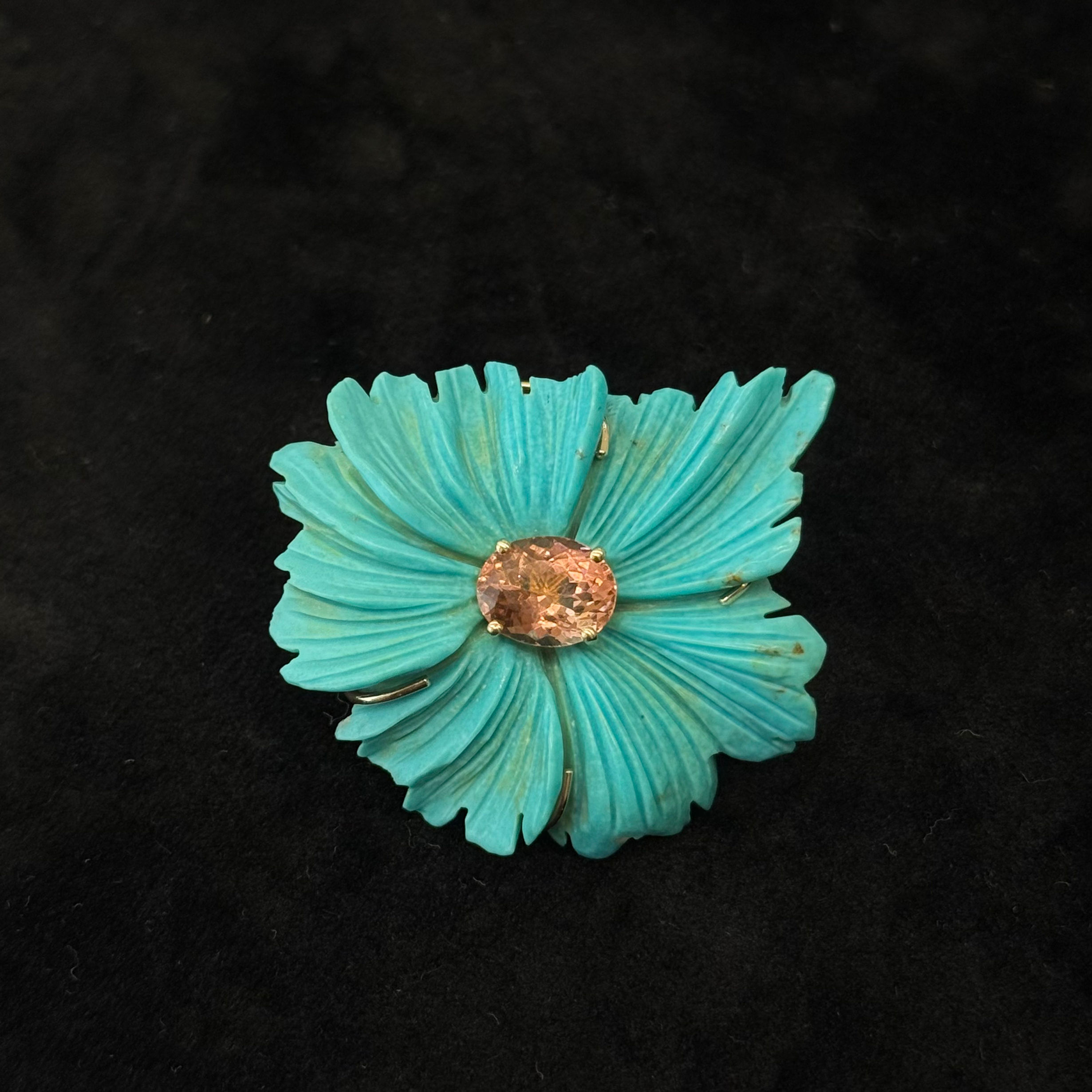 14K Gold Pink Tourmaline & Carved Turquoise Floral Brooch Cum Pendant