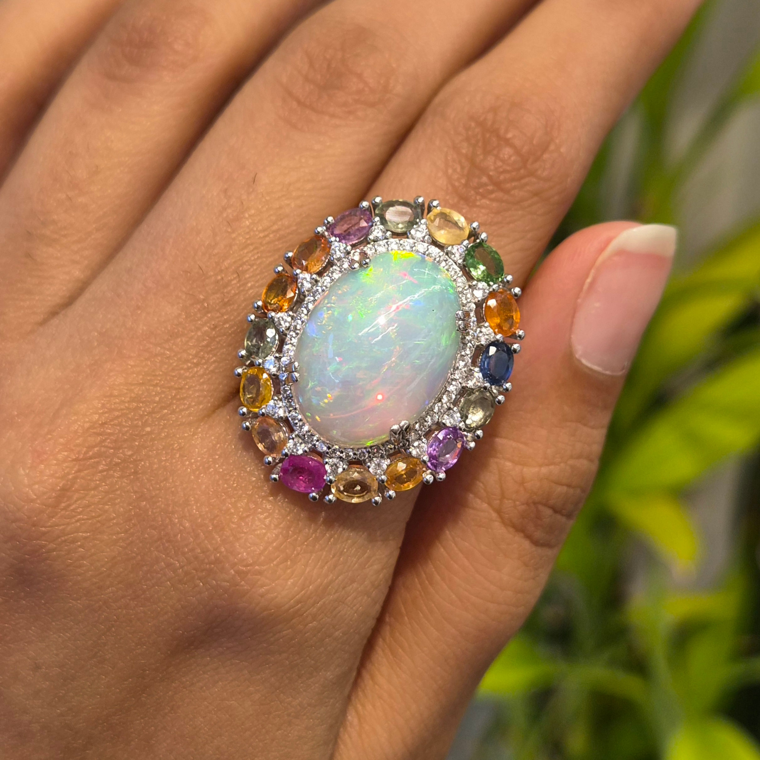 Natural Oval Cabochon Opal & Sapphire Cluster Ring in 925 Sterling Silver