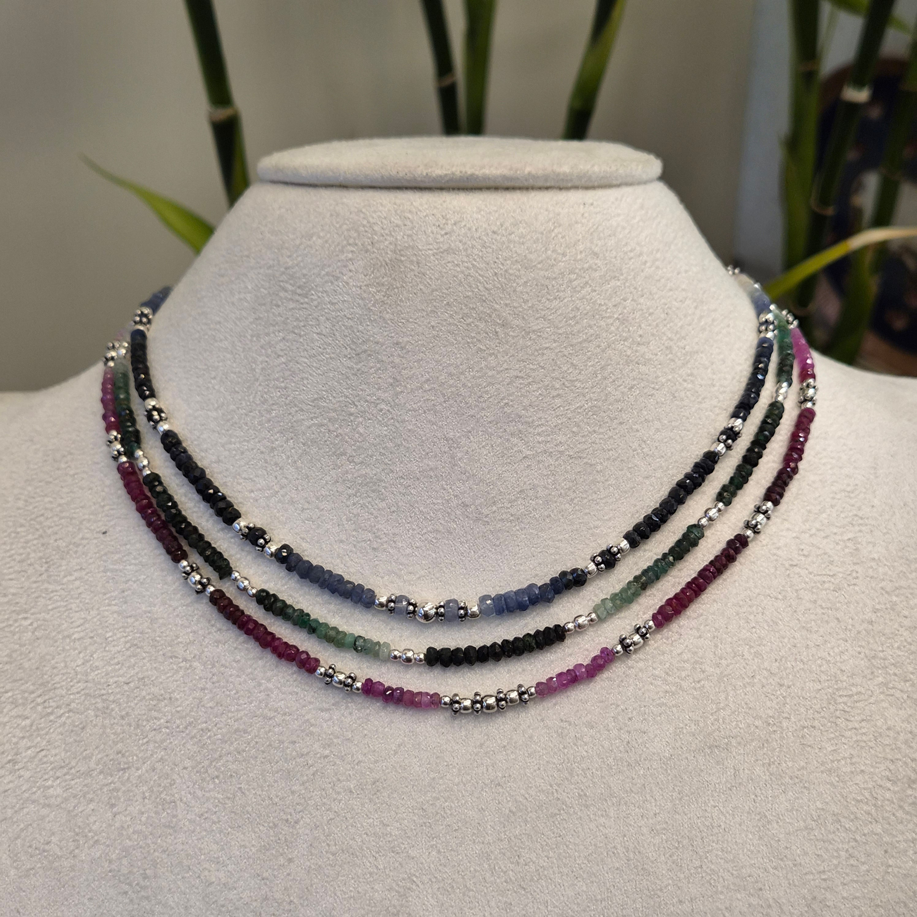 Natural Emerald, Ruby and Sapphire Shaded Beaded Necklace in 925 Sterling Silver