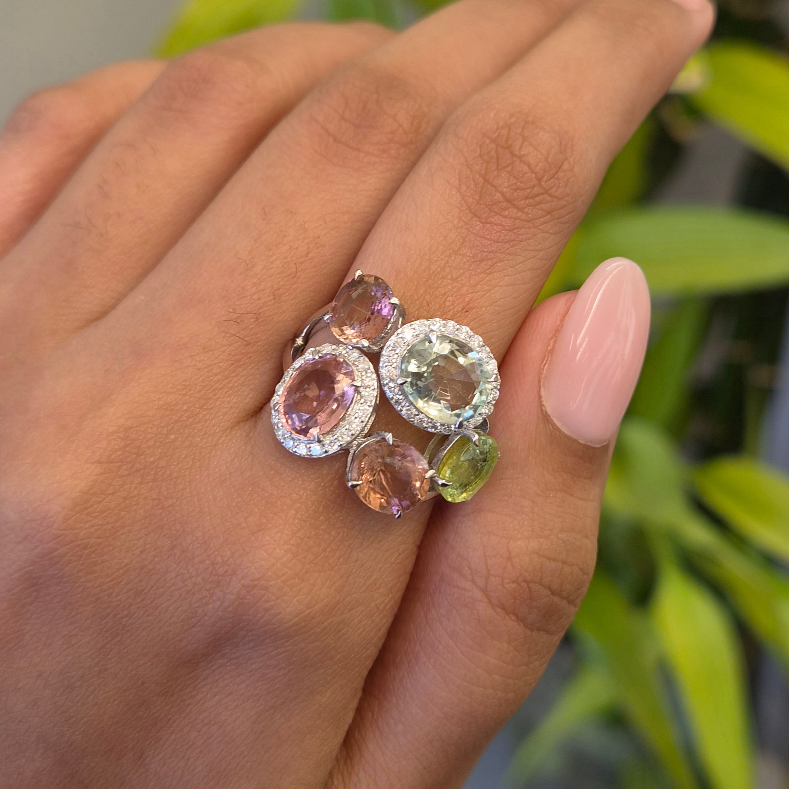Natural Oval Multi Tourmaline And Diamond Cluster Split Shank Ring