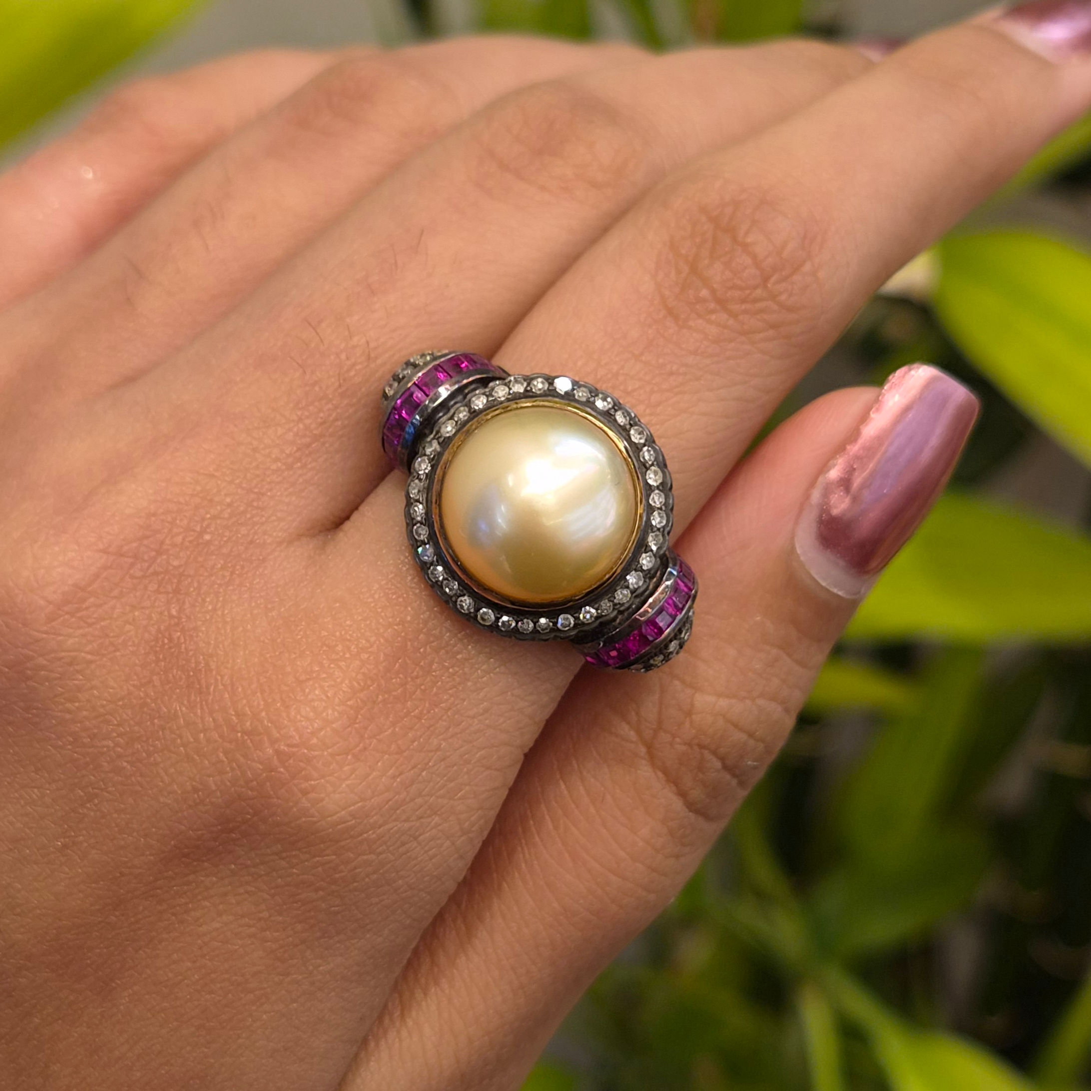 Natural Pearl, Ruby & Rose Cut Diamonds Victorian Ring