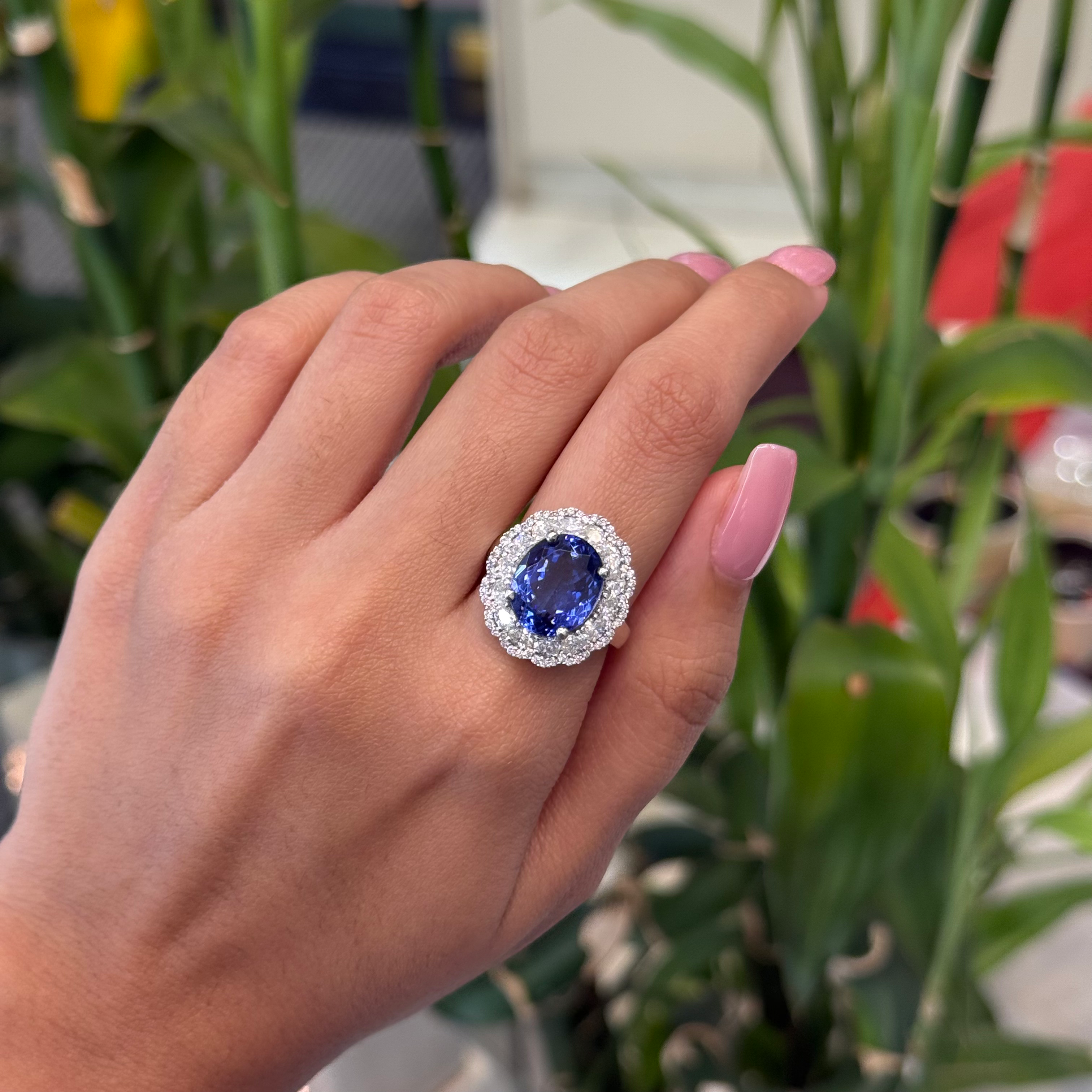 Natural Tanzanite and diamond cluster ring 14K gold ring