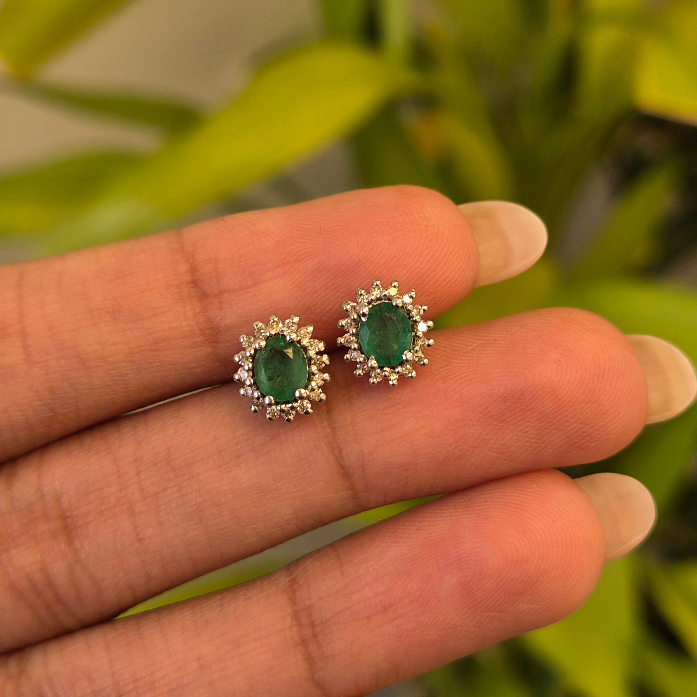 Natural Oval Emerald And Diamond Stud Earrings in 925 Sterling Silver