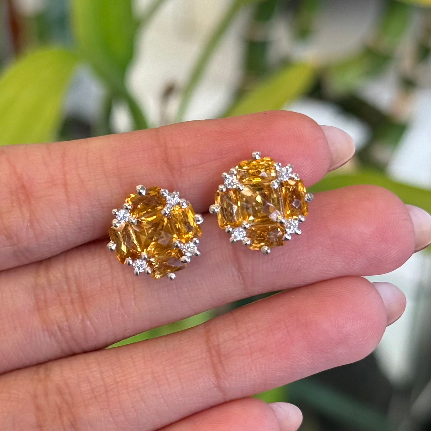 Natural Citrine 925 Sterling Silver Flower Studs Earrings