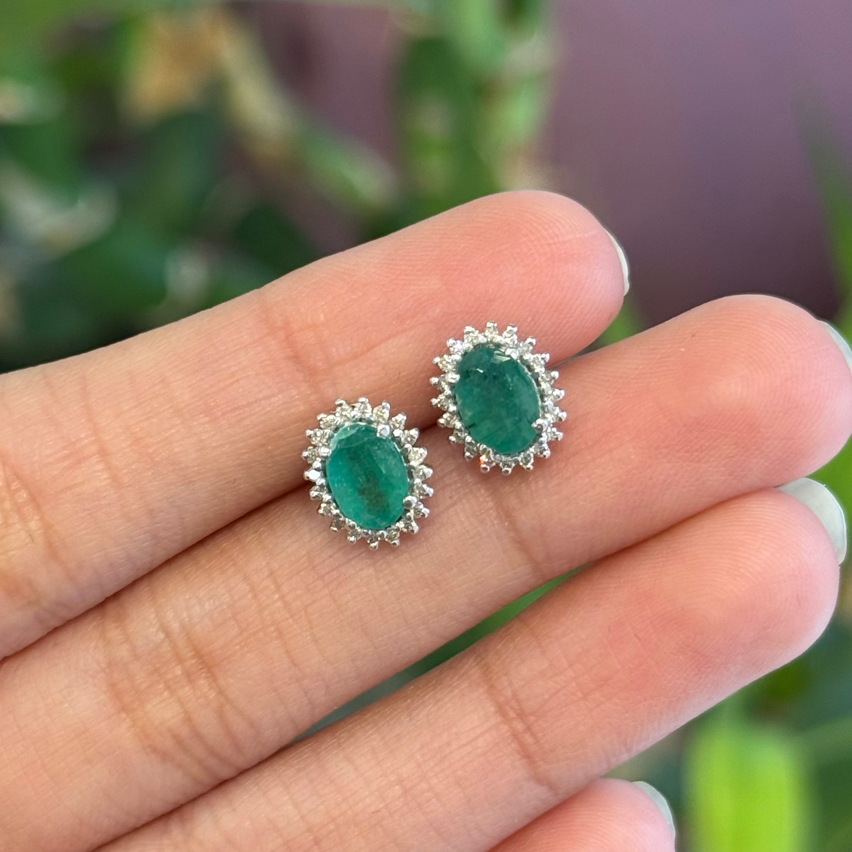 Natural Emerald Diamond Oval 925 Sterling Silver Studs Earrings