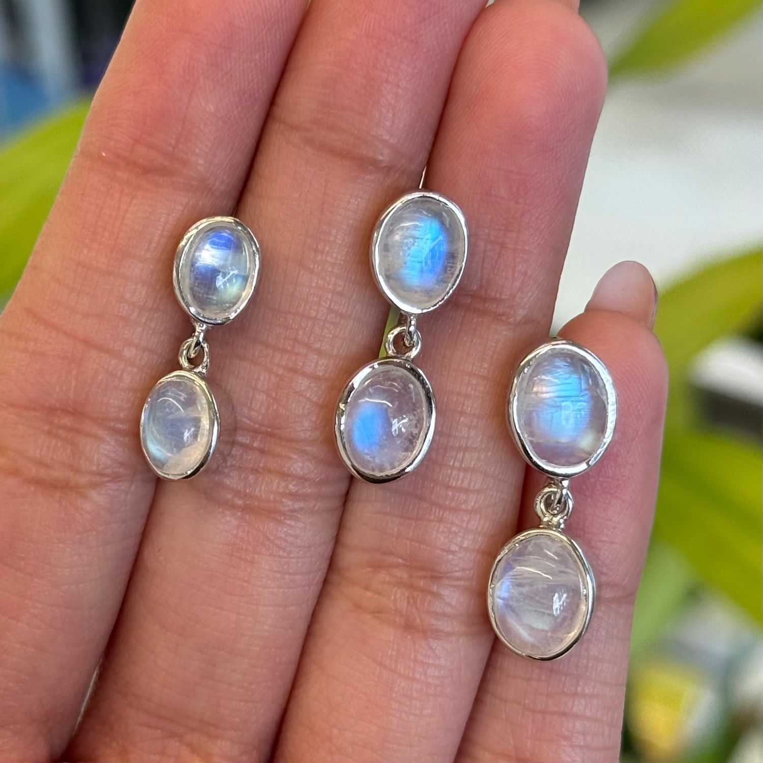 Natural Rainbow Moonstone Cabochon Cut 925 Sterling Silver Bezel Hanging Earring