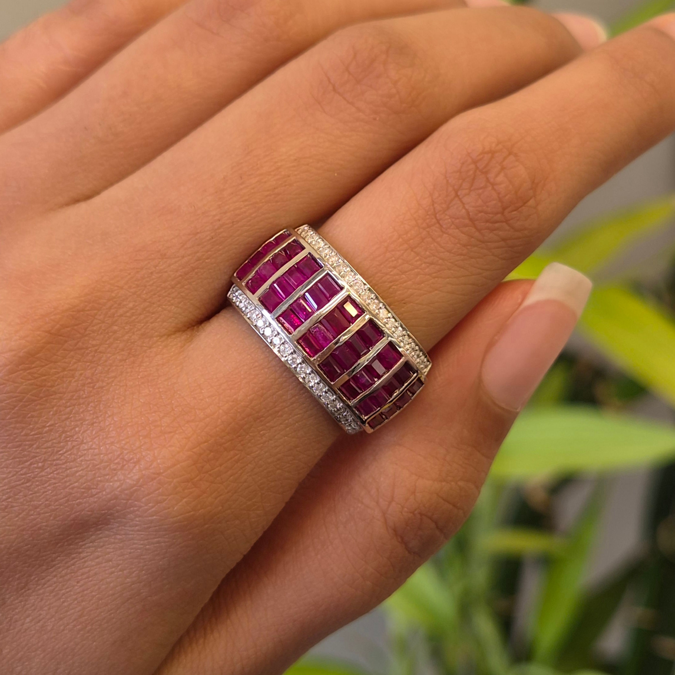 Natural Ruby & Diamond 925 Sterling Silver Baguette Cut Band Ring