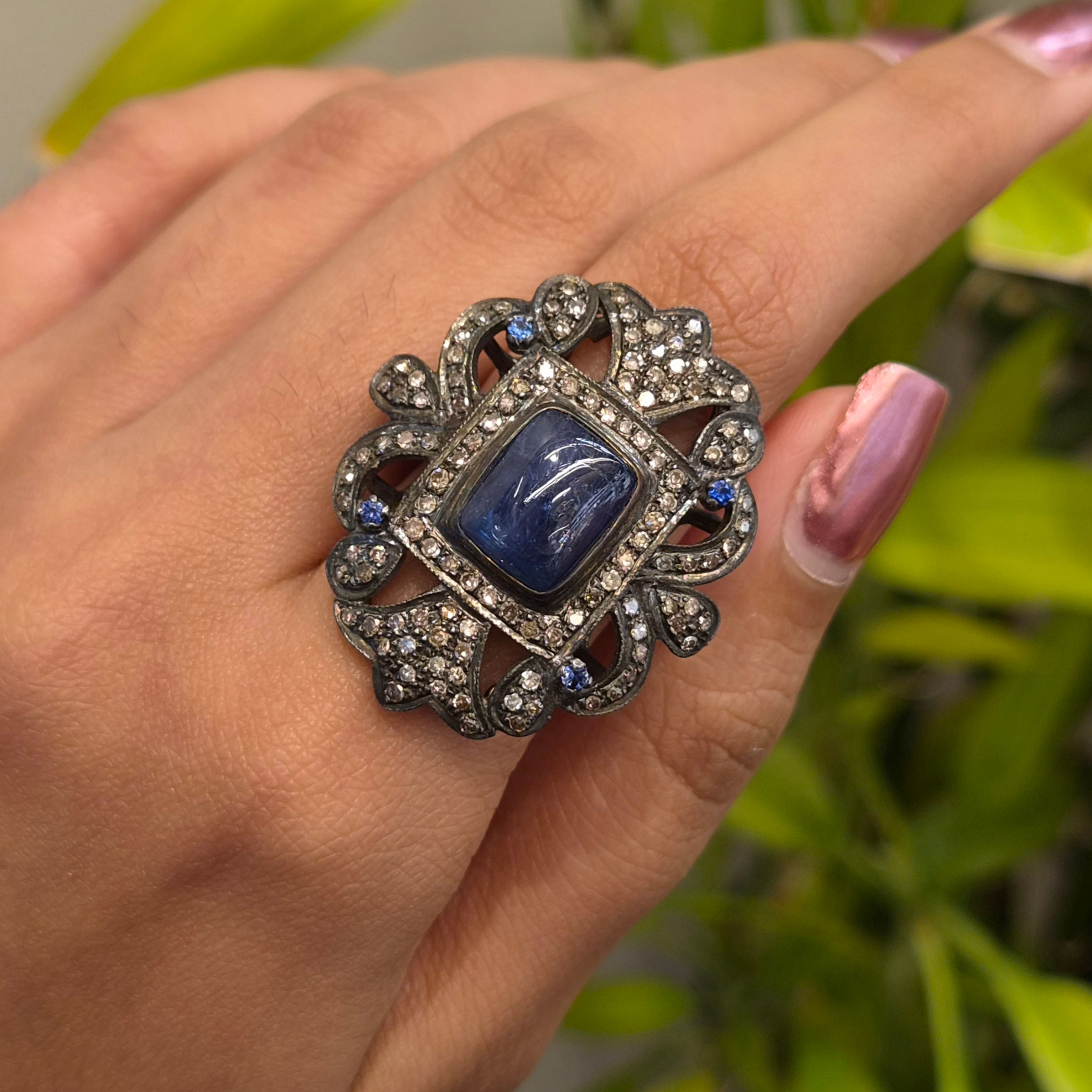 Vintage Style Natural Blue Sapphire & Rose Cut Diamond Ring