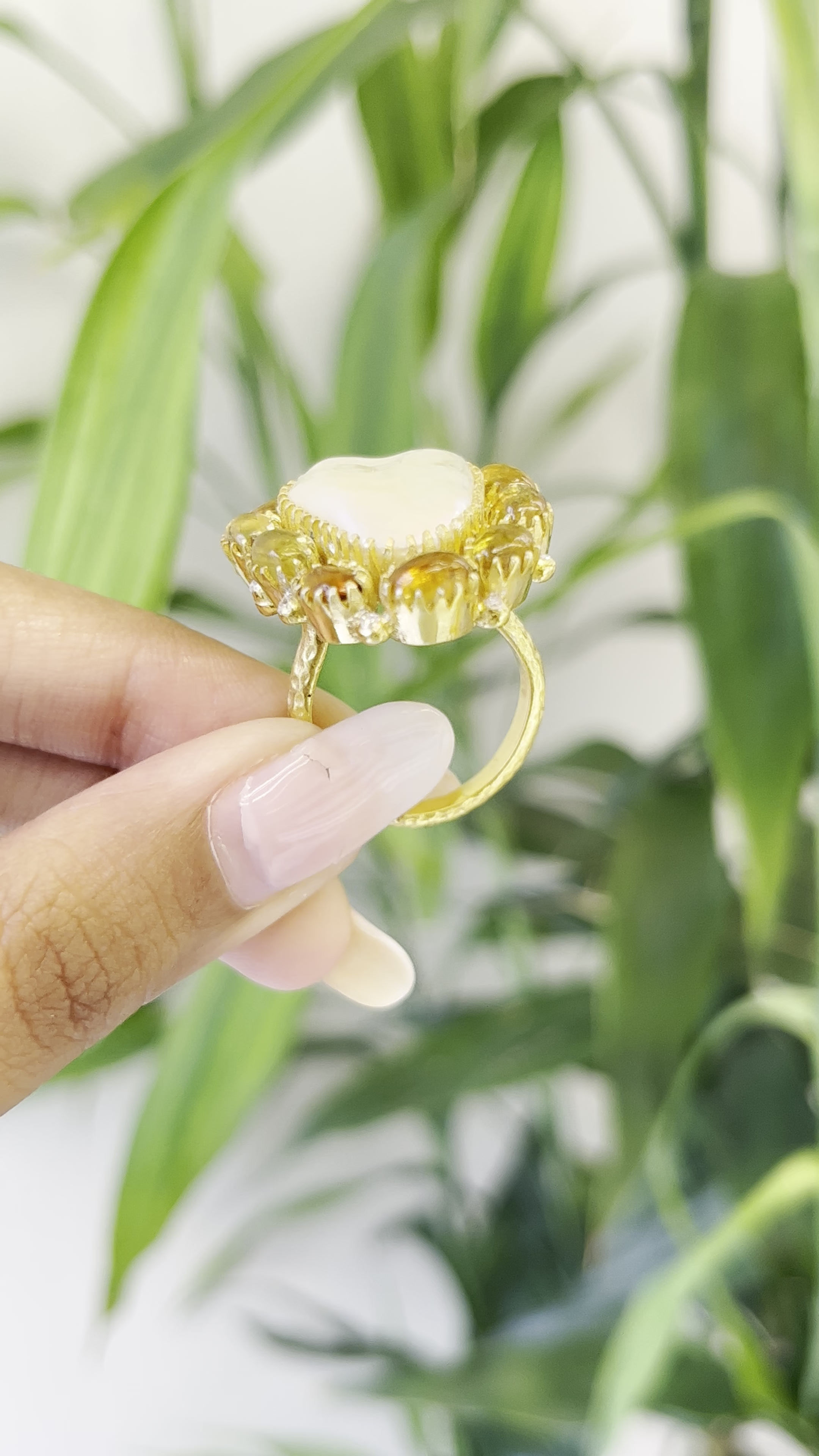 Genuine Citrine and baroque pearl ring